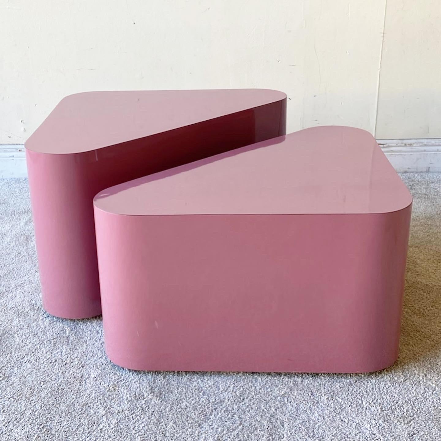 Postmodern Mauve Pink Lacquer Laminate Triangular Tables on Wheels 5