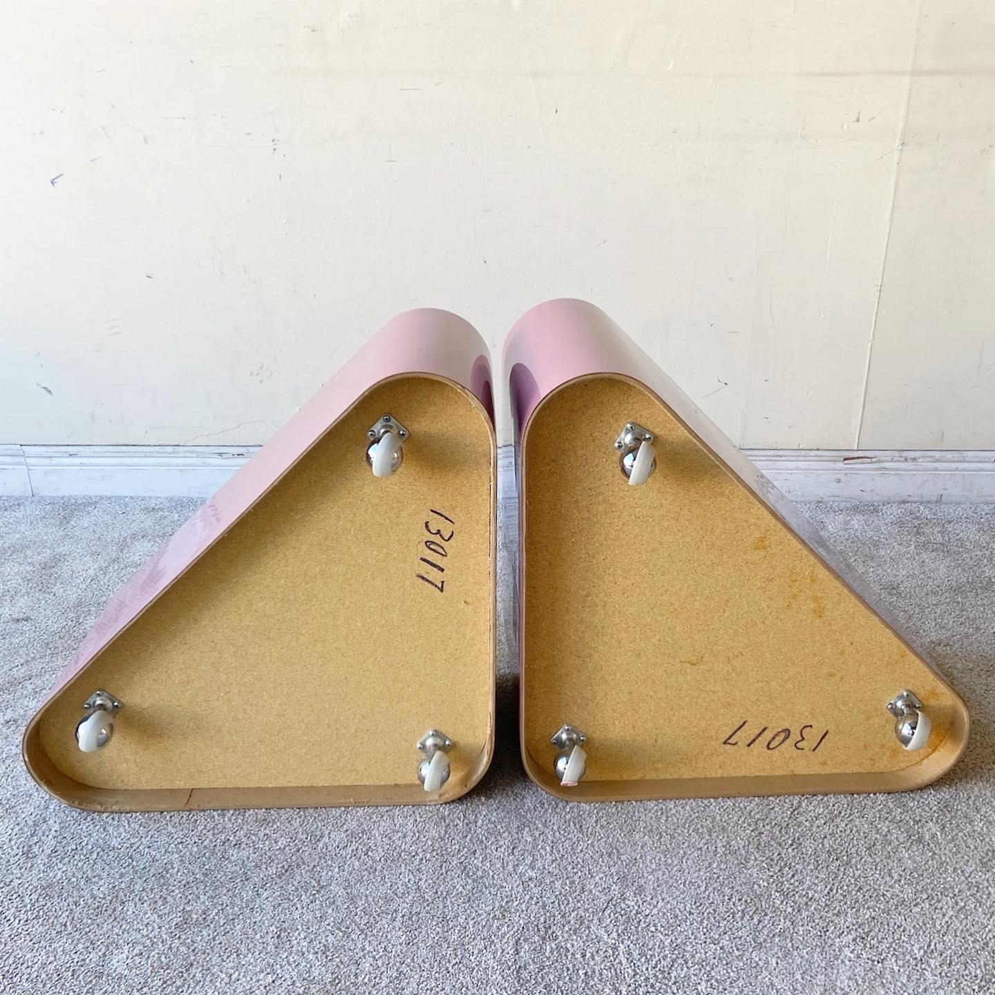 American Postmodern Mauve Pink Lacquer Laminate Triangular Tables on Wheels