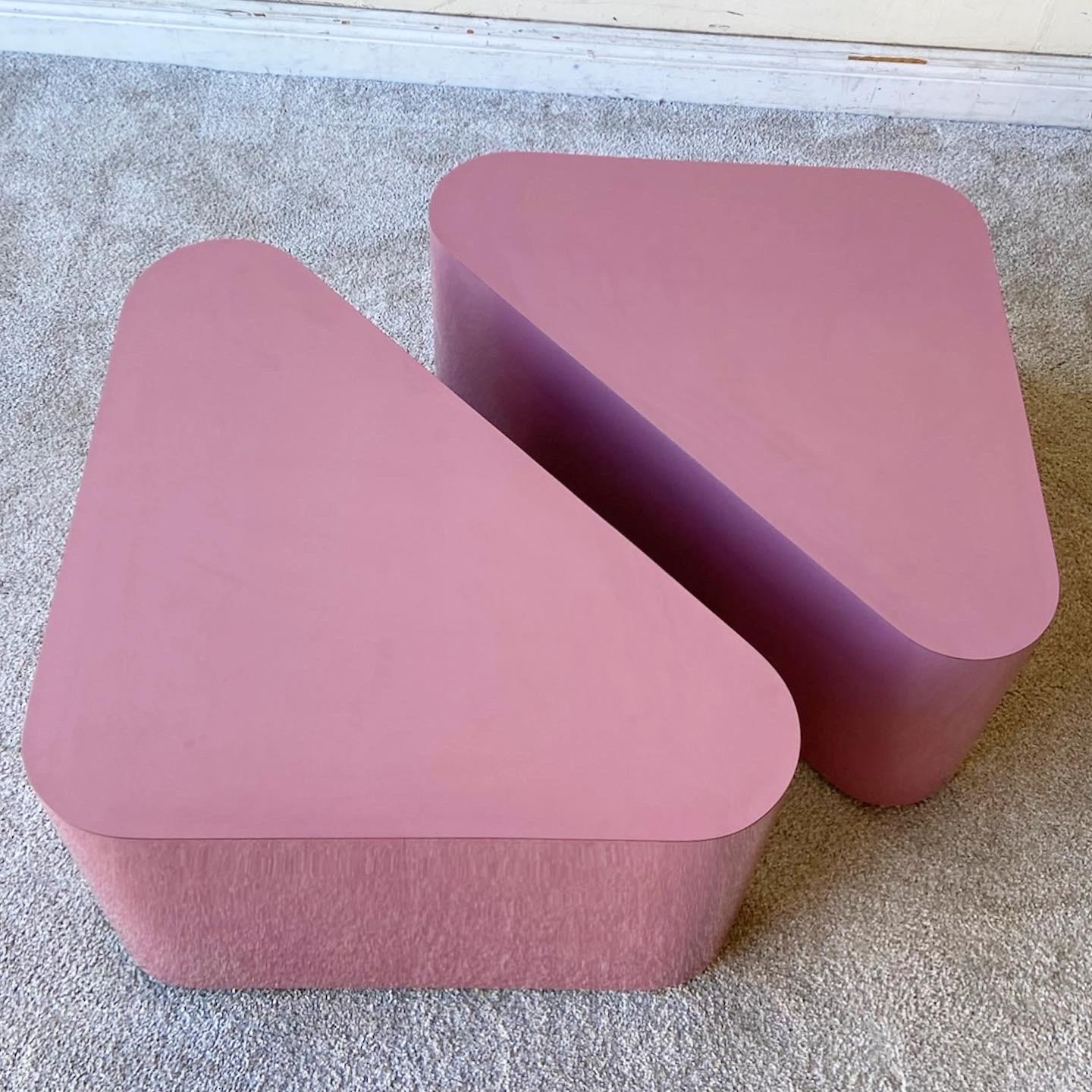 Postmodern Mauve Pink Lacquer Laminate Triangular Tables on Wheels In Good Condition In Delray Beach, FL