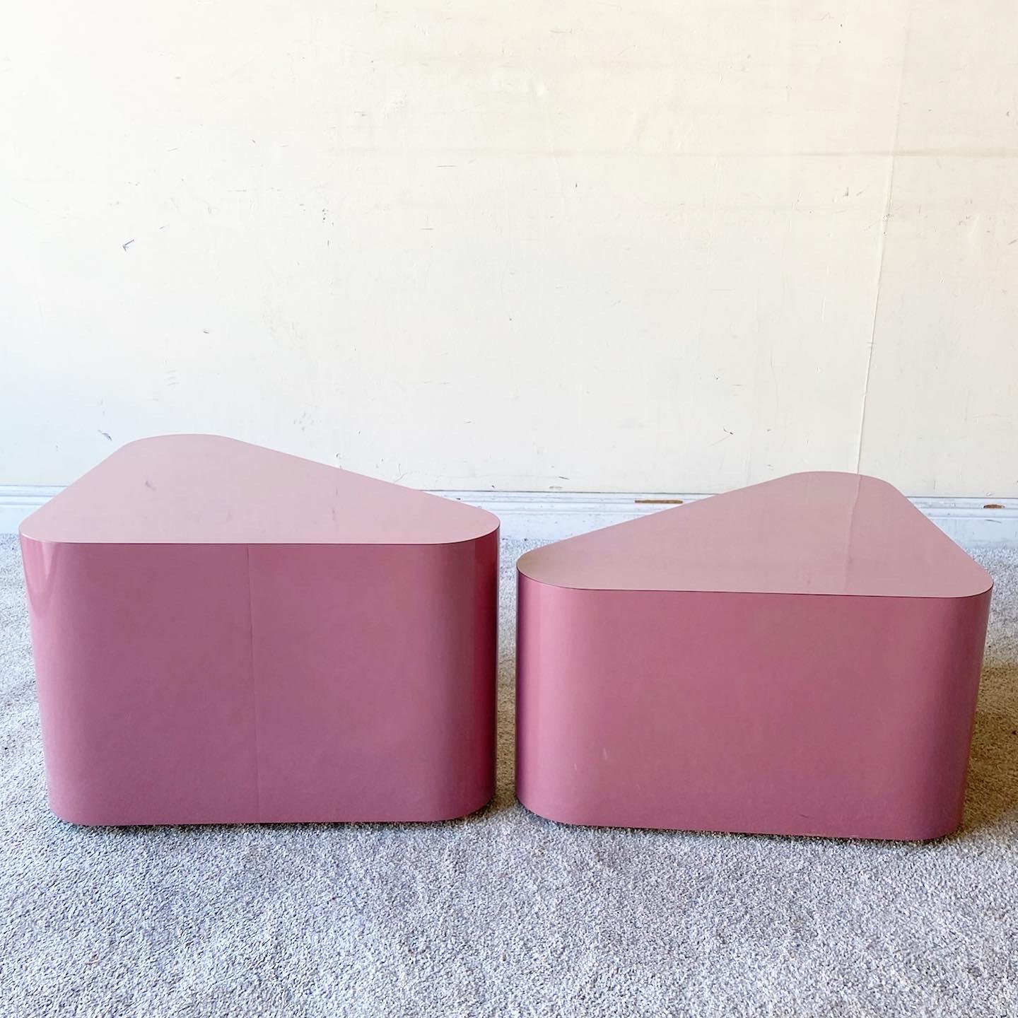 Late 20th Century Postmodern Mauve Pink Lacquer Laminate Triangular Tables on Wheels