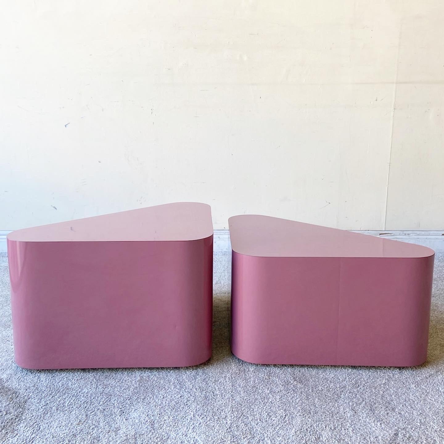 Postmodern Mauve Pink Lacquer Laminate Triangular Tables on Wheels 1