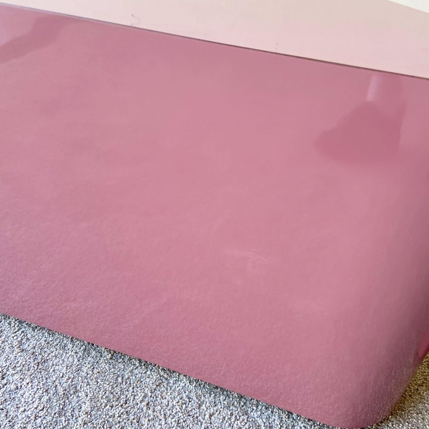 Postmodern Mauve Pink Lacquer Laminate Triangular Tables on Wheels 2