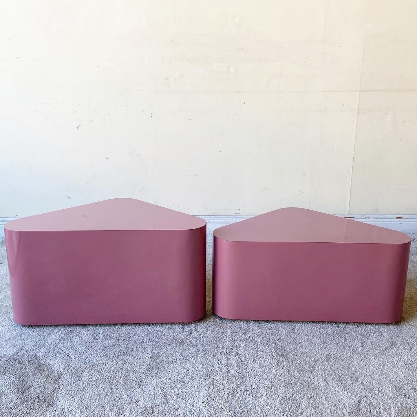 Postmodern Mauve Pink Lacquer Laminate Triangular Tables on Wheels 3