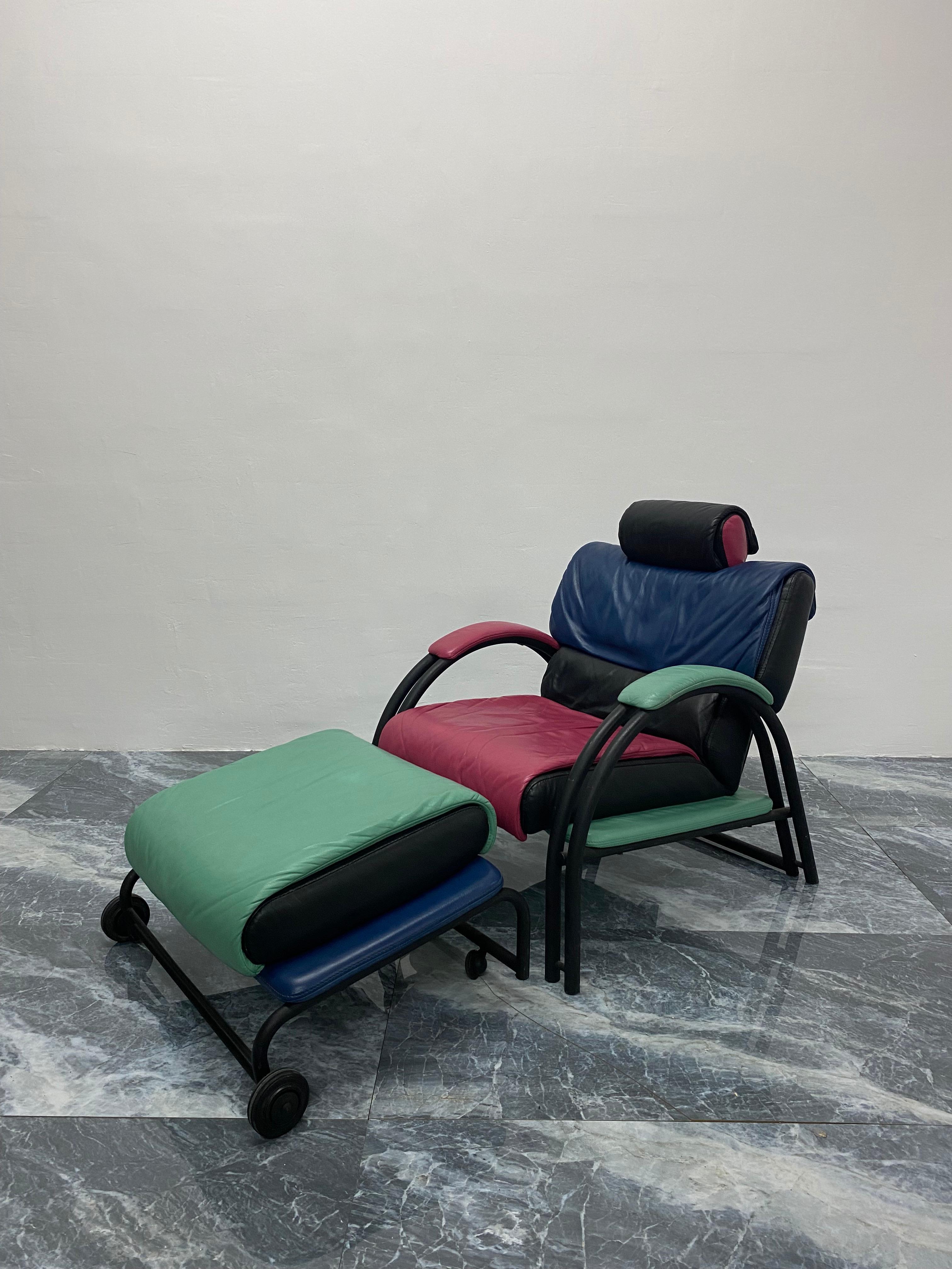 Custom reclining lounge chair and ottoman using matte black tubular steel frame and leather upholstery produced in Italy, 1980s. The lounge chair reclines using a lever on the side connected to a steel cable. Extremely comfortable