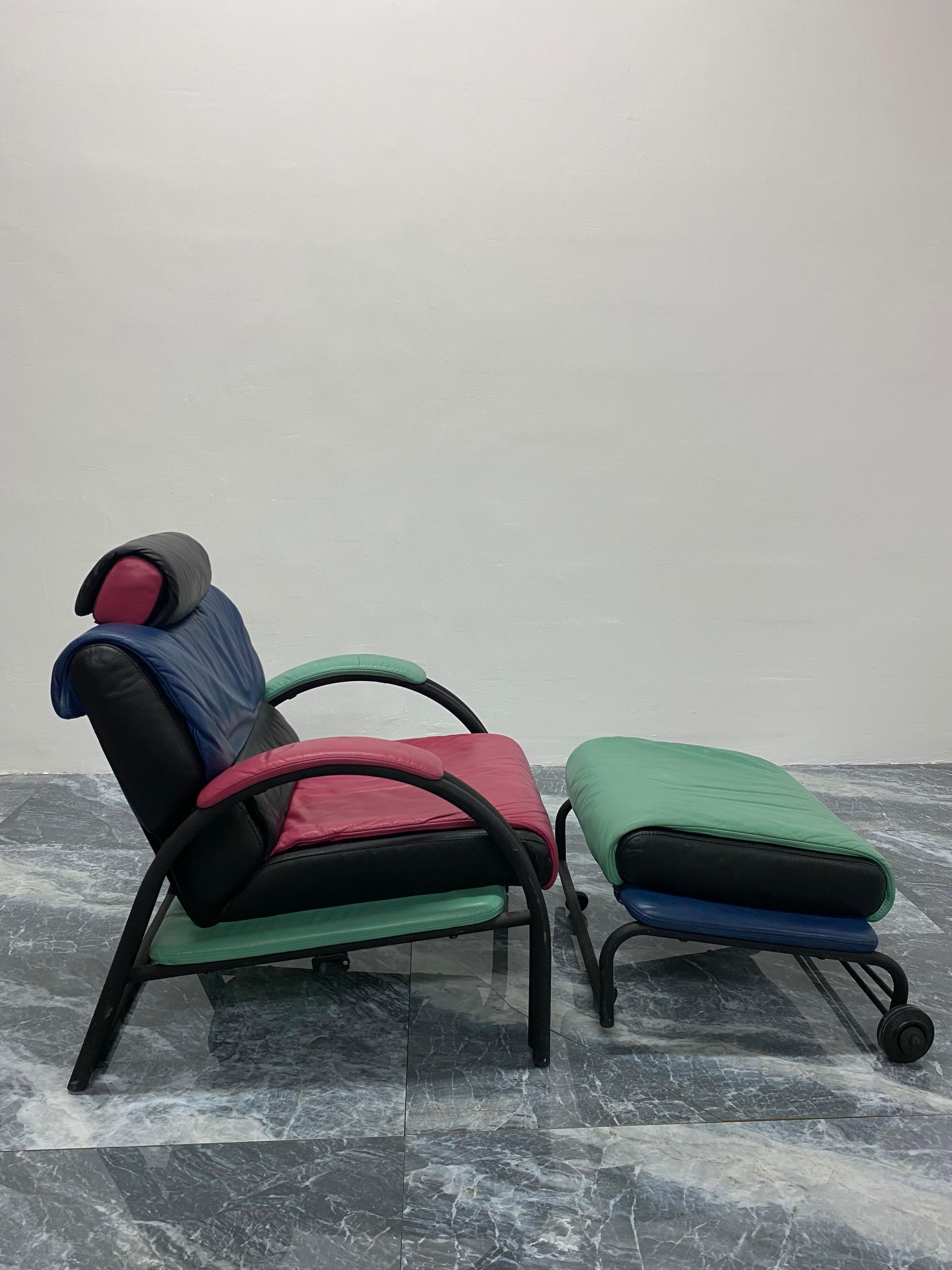 Italian Postmodern Memphis Style Leather Reclining Lounge Chair and Ottoman, 1980s