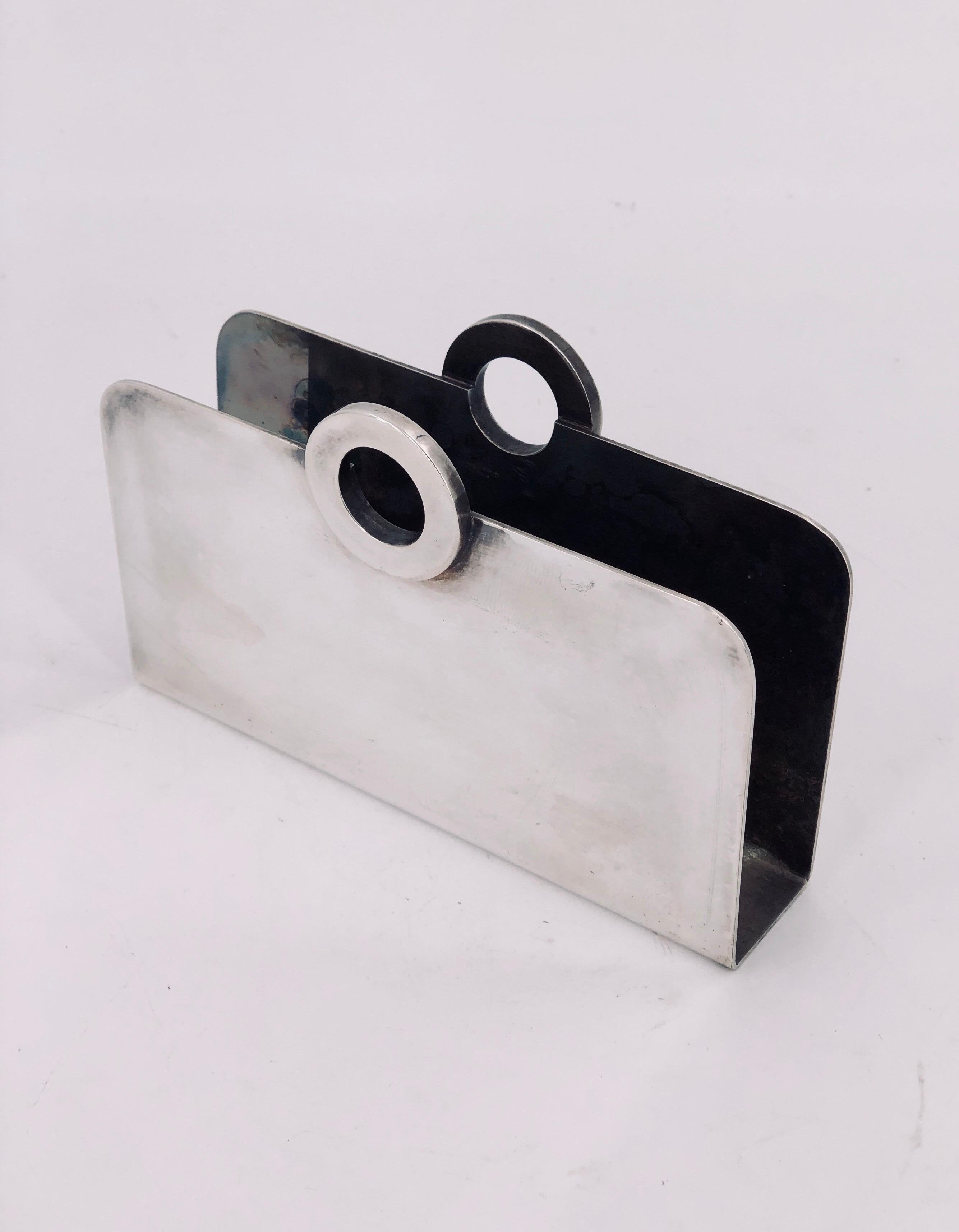 A simple and great design on this rare piece designed by ST James, Made in Brazil circa 1980s, it can be used as a letter holder or napkin holder, we have polished some of the silver but can be totally polished we left some patina to give character.