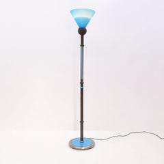 Postmodern Memphis Style Floor Lamp, Burnished Metal and Blue Glass, Italy, 1980
