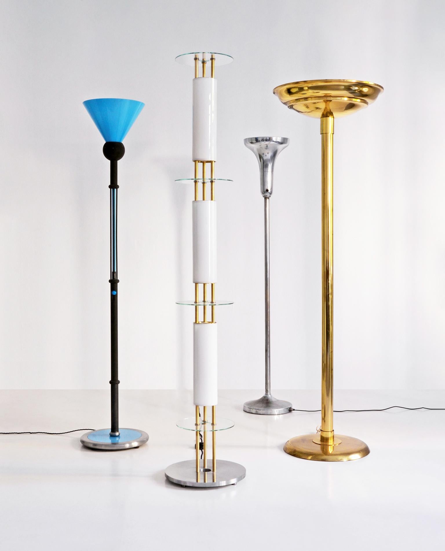 Late 20th Century Postmodern Memphis Style Floor Lamp, Burnished Metal and Blue Glass, Italy, 1980 For Sale