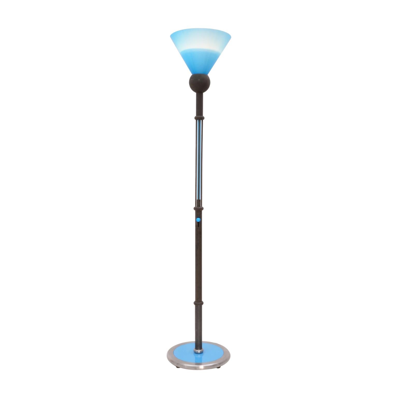 Postmodern Memphis Style Floor Lamp, Burnished Metal and Blue Glass, Italy, 1980
