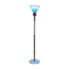 Vintage Postmodern Memphis Style Floor Lamp, Burnished Metal and Blue Glass, Italy, 1980