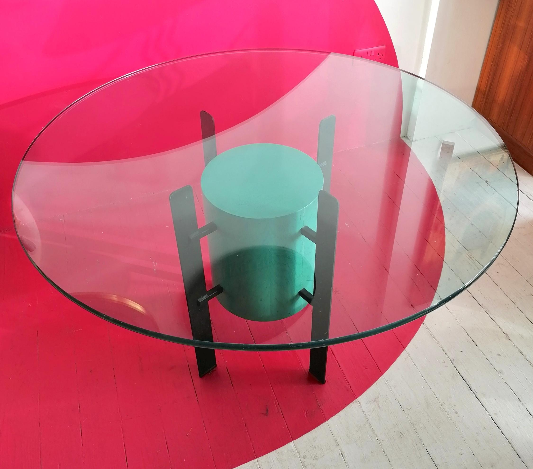 Post-Modern Postmodern Memphis Style Iron, Glass & Plywood Dining Table, USA, 1980s For Sale