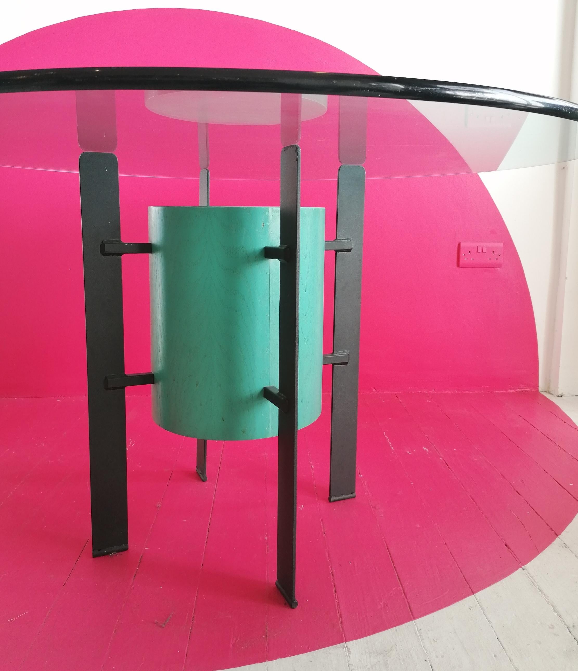 American Postmodern Memphis Style Iron, Glass & Plywood Dining Table, USA, 1980s For Sale