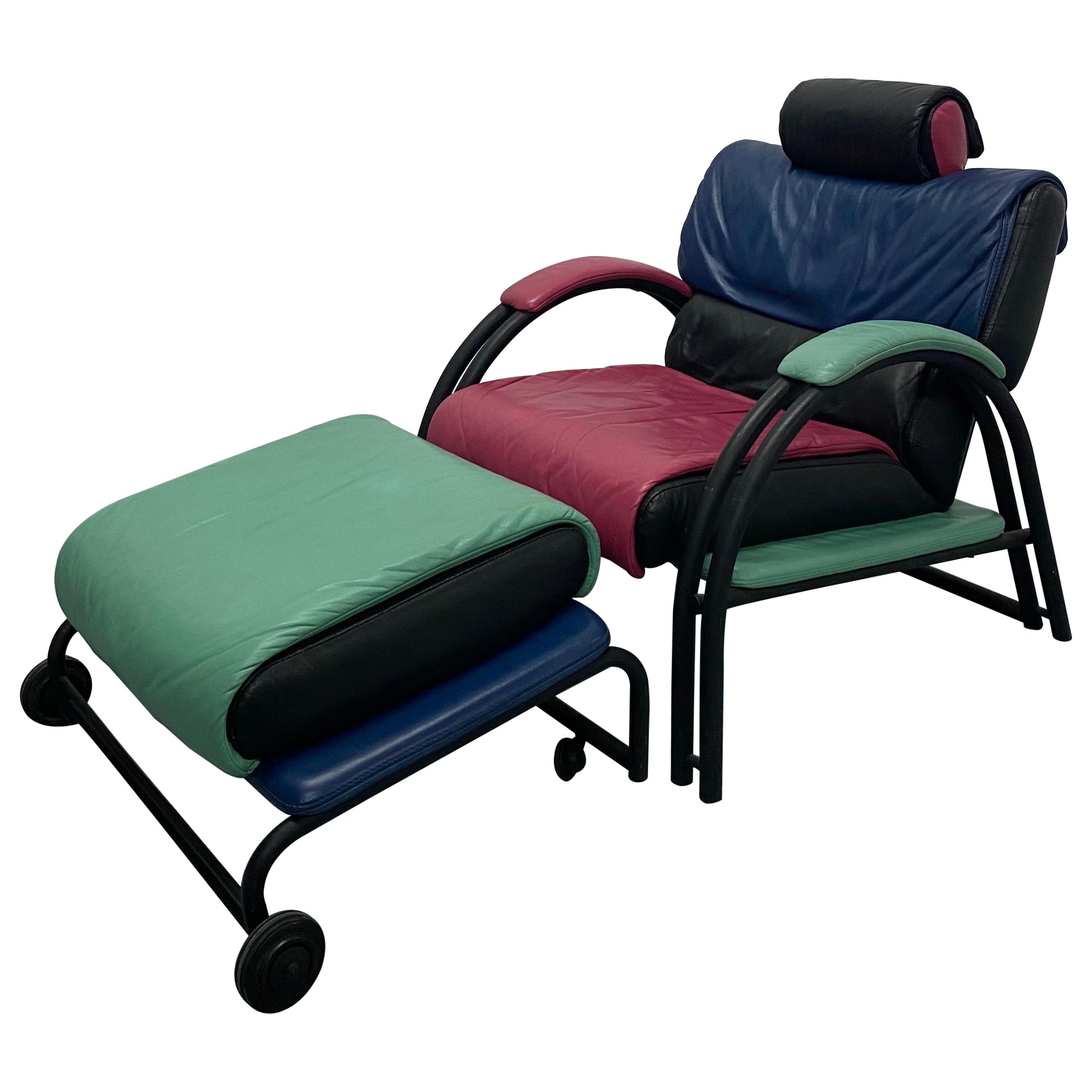 Postmodern Memphis Style Leather Reclining Lounge Chair and Ottoman, 1980s