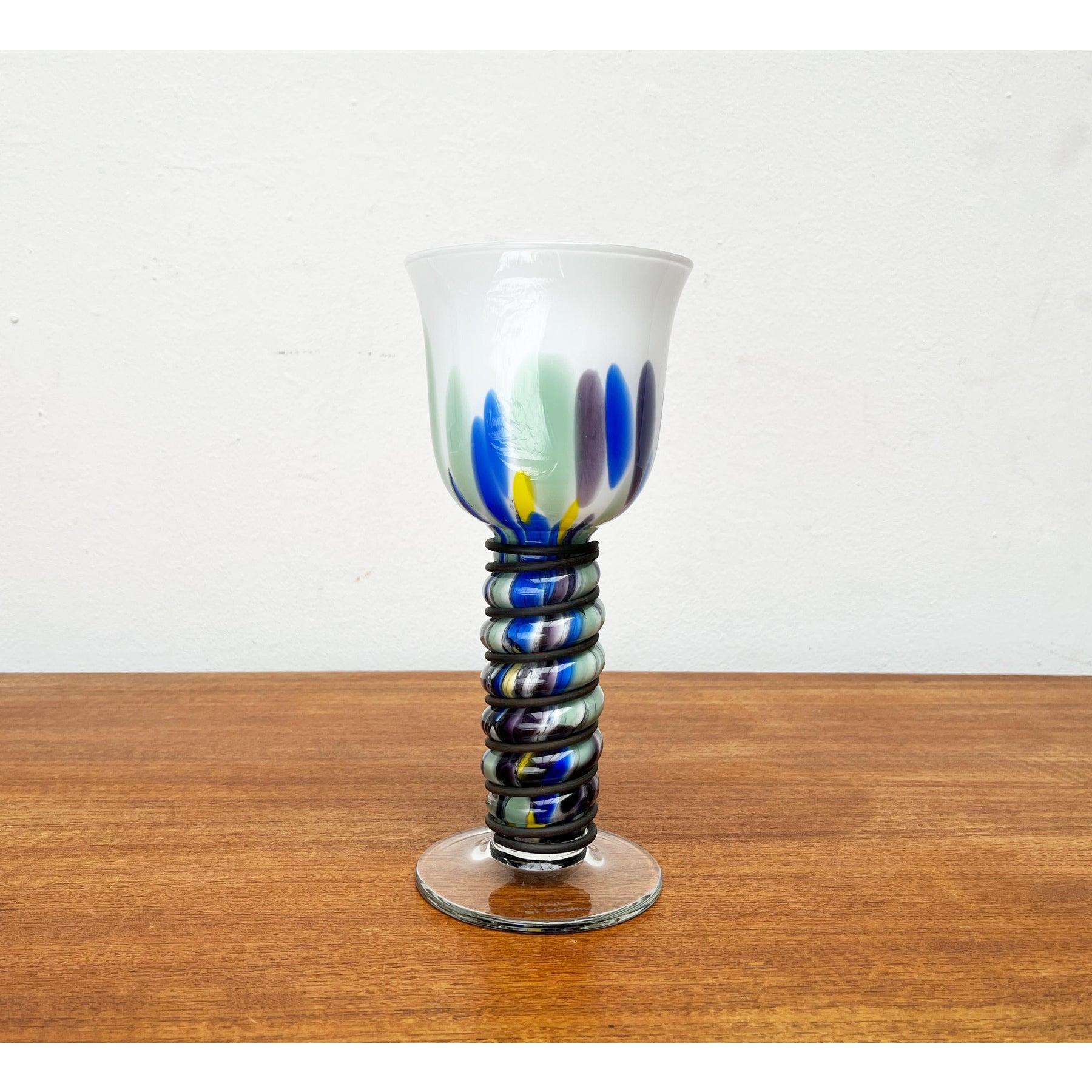 Postmodern Metal and Art Glass Goblet by Hans Jürgen Richartz for Richartz Art Collection, 1980s, in Very Good conditions. Designed 1980 to 1989 This piece has an attribution mark.

Additional information:
Materials: Glass, Metal
Color: Blue
Styles: