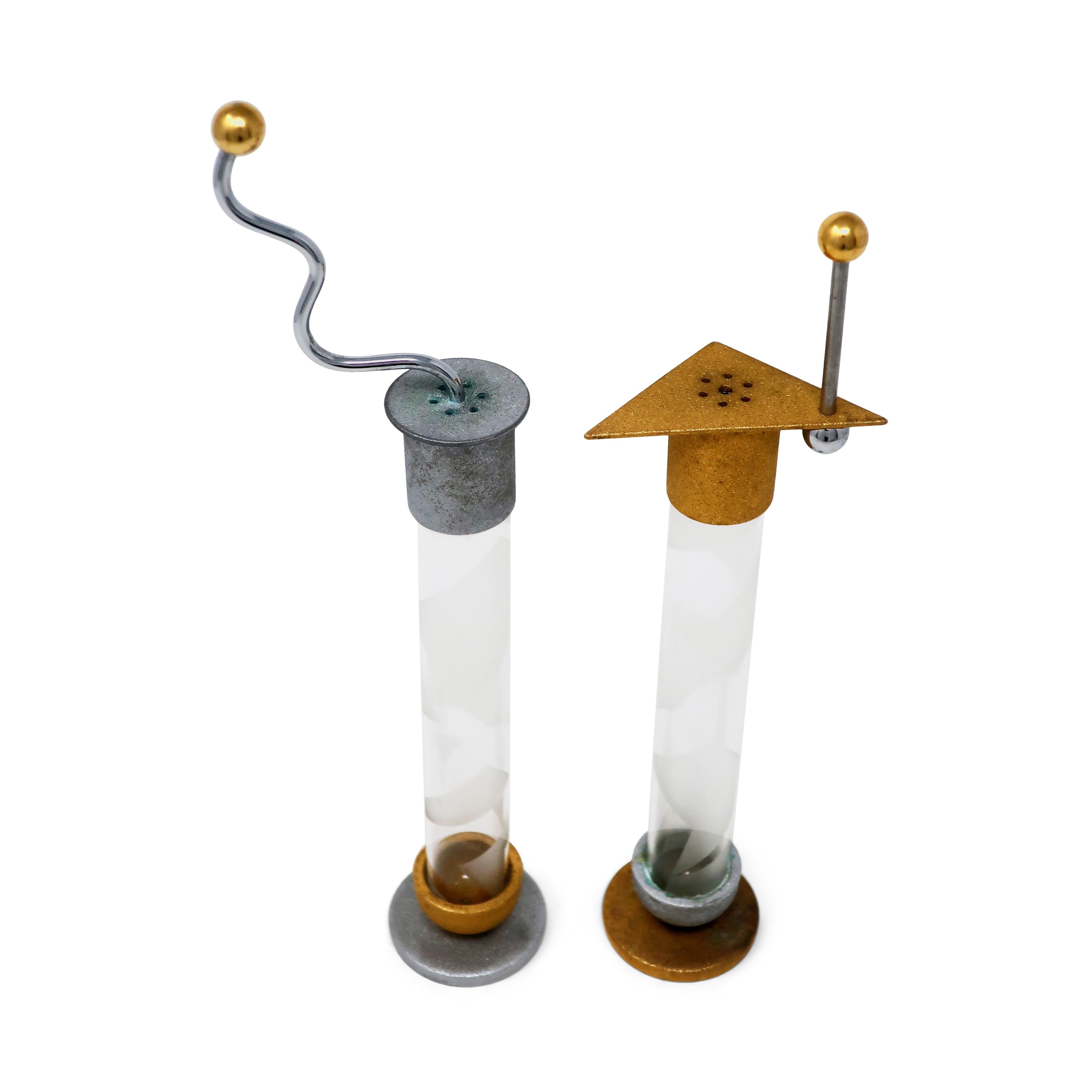 Post-Modern Postmodern Metal and Glass Salt and Pepper Shakers by Bruce R. MacDonald For Sale