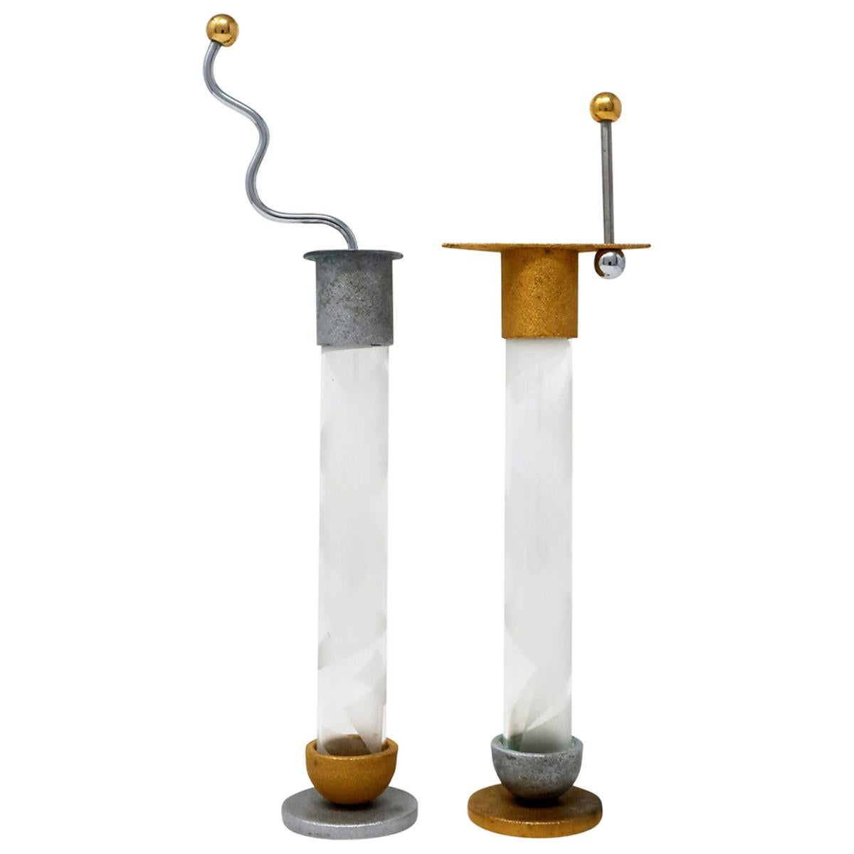 Postmodern Metal and Glass Salt and Pepper Shakers by Bruce R. MacDonald For Sale