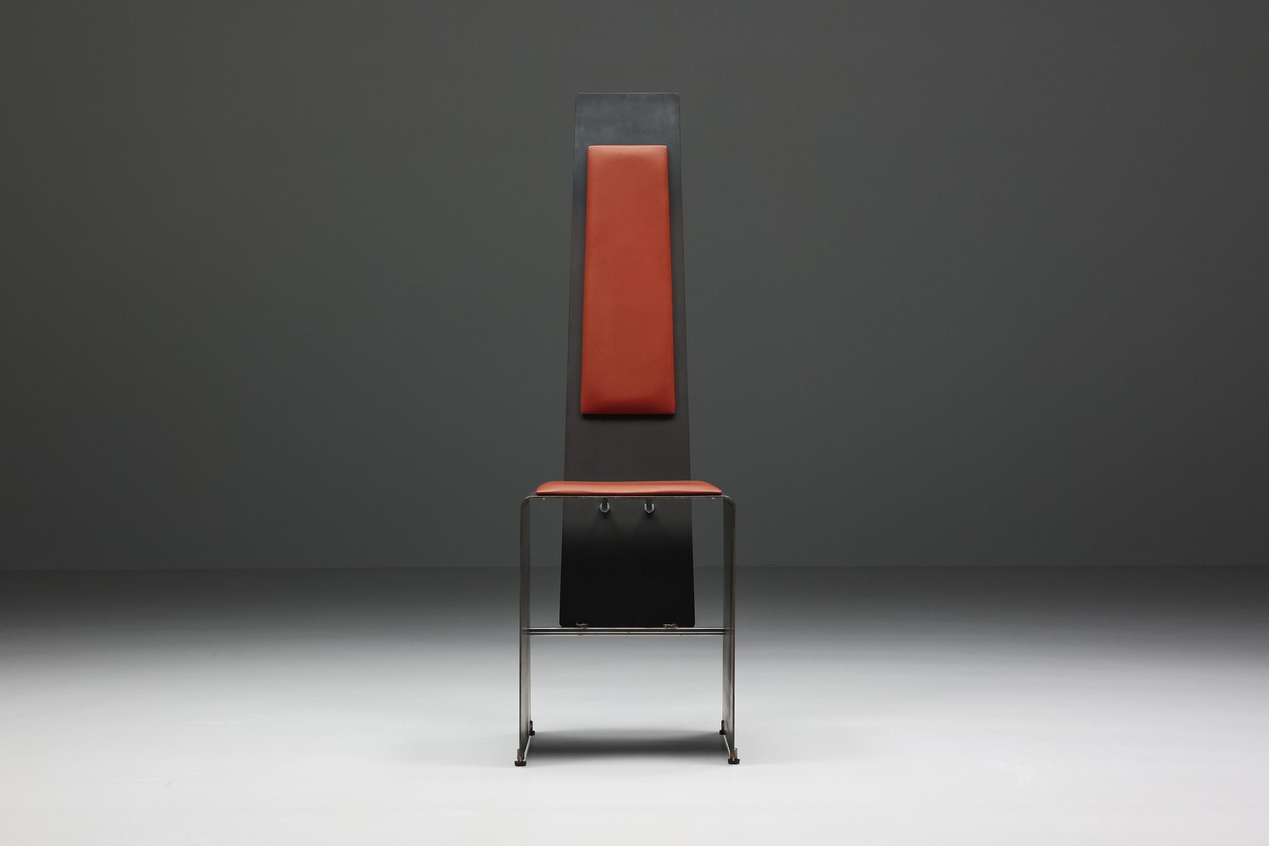 Postmodern; Belgian design; Industrial design; Dining chair; Unique chair; Collectible design;

Postmodern metal and cognac leather high back dining chair. This unique chair is made in the 1980s in Belgium. With an industrial feeling to it, this