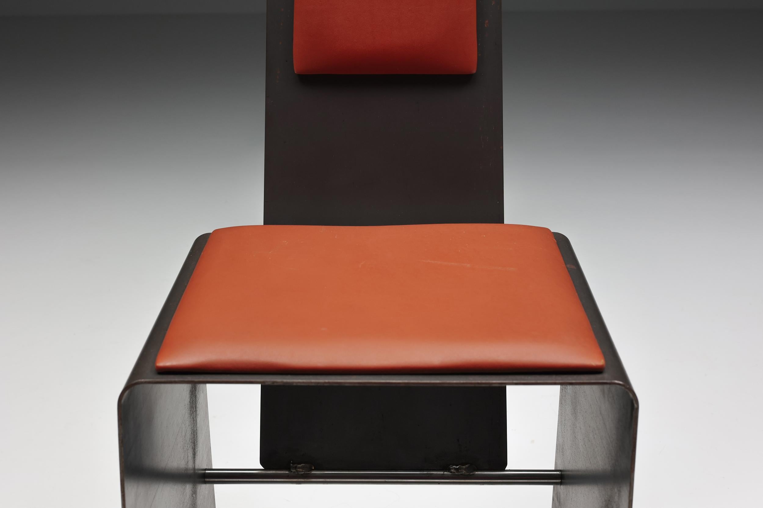 Late 20th Century Postmodern Metal & Cognac Leather High Back Dinning Chair, Industrial 1980's