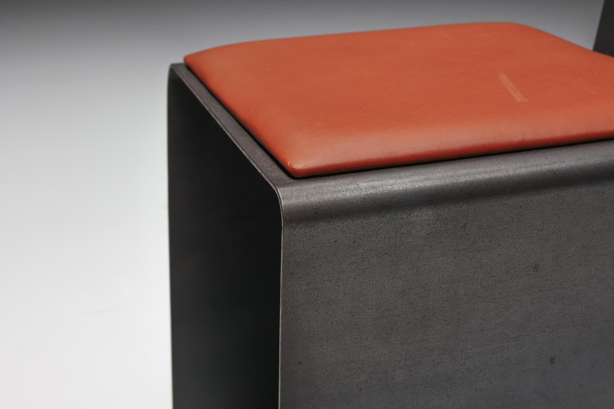 Postmodern Metal & Cognac Leather High Back Dinning Chair, Industrial 1980's 3