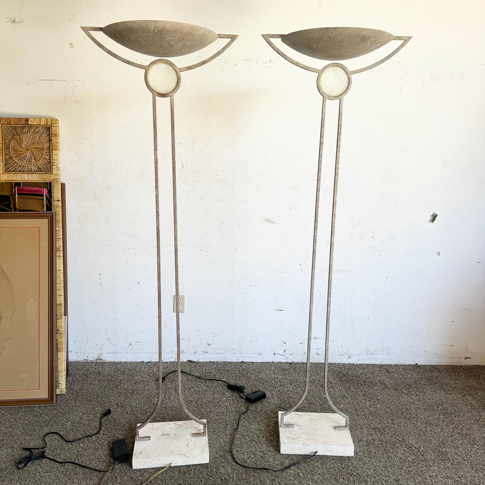 Postmodern Metal, Glass and Stone Dimmable Halogen Floor Lamps - a Pair For Sale 5