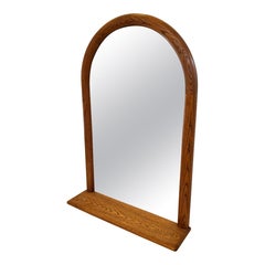Postmodern Mid Century Arched Wall Mirror with Shelf 1980's Solid Oak Frame