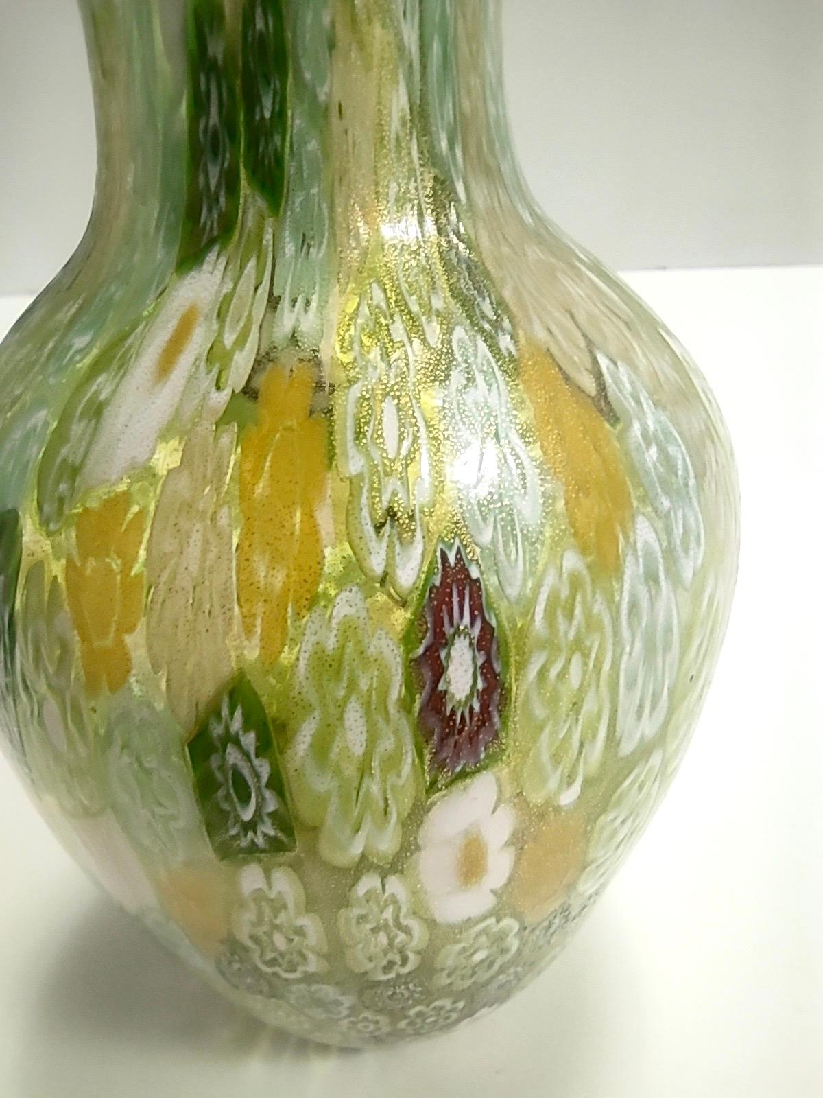 Postmodern Millefiori Green Murano Glass Vase with Murrines and Gold Leaf, Italy For Sale 4