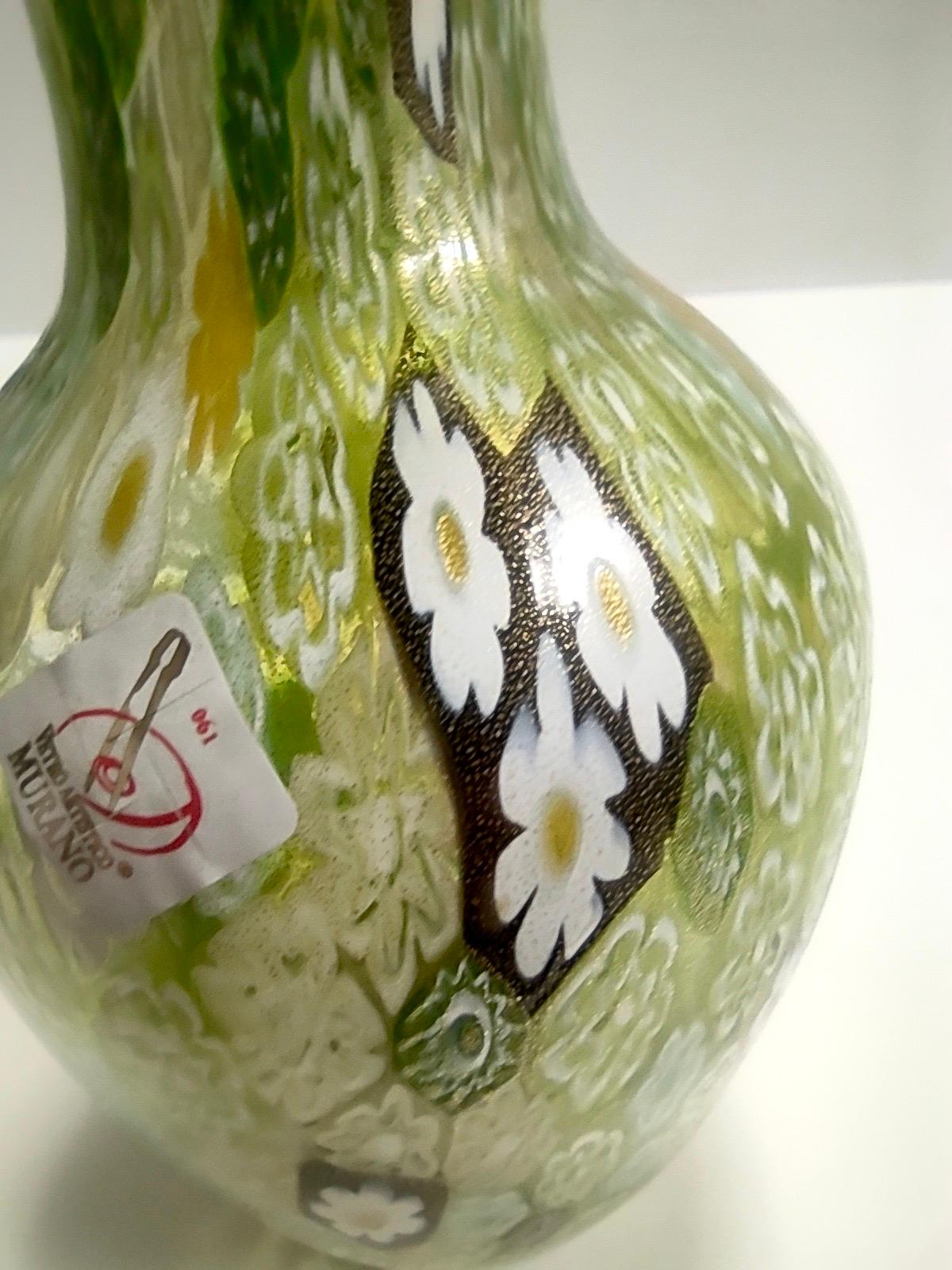 Postmodern Millefiori Green Murano Glass Vase with Murrines and Gold Leaf, Italy For Sale 5