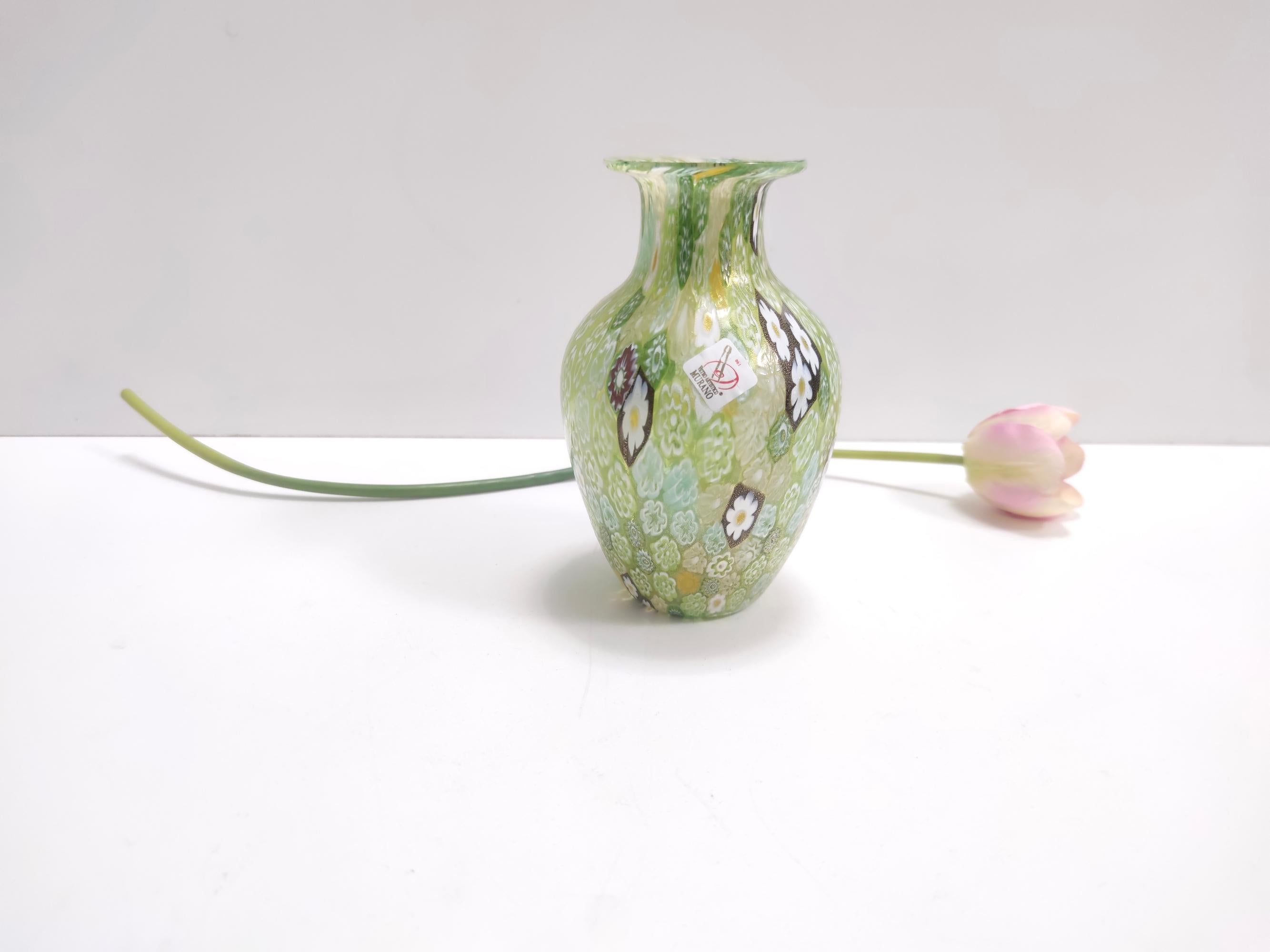 Post-Modern Postmodern Millefiori Green Murano Glass Vase with Murrines and Gold Leaf, Italy For Sale