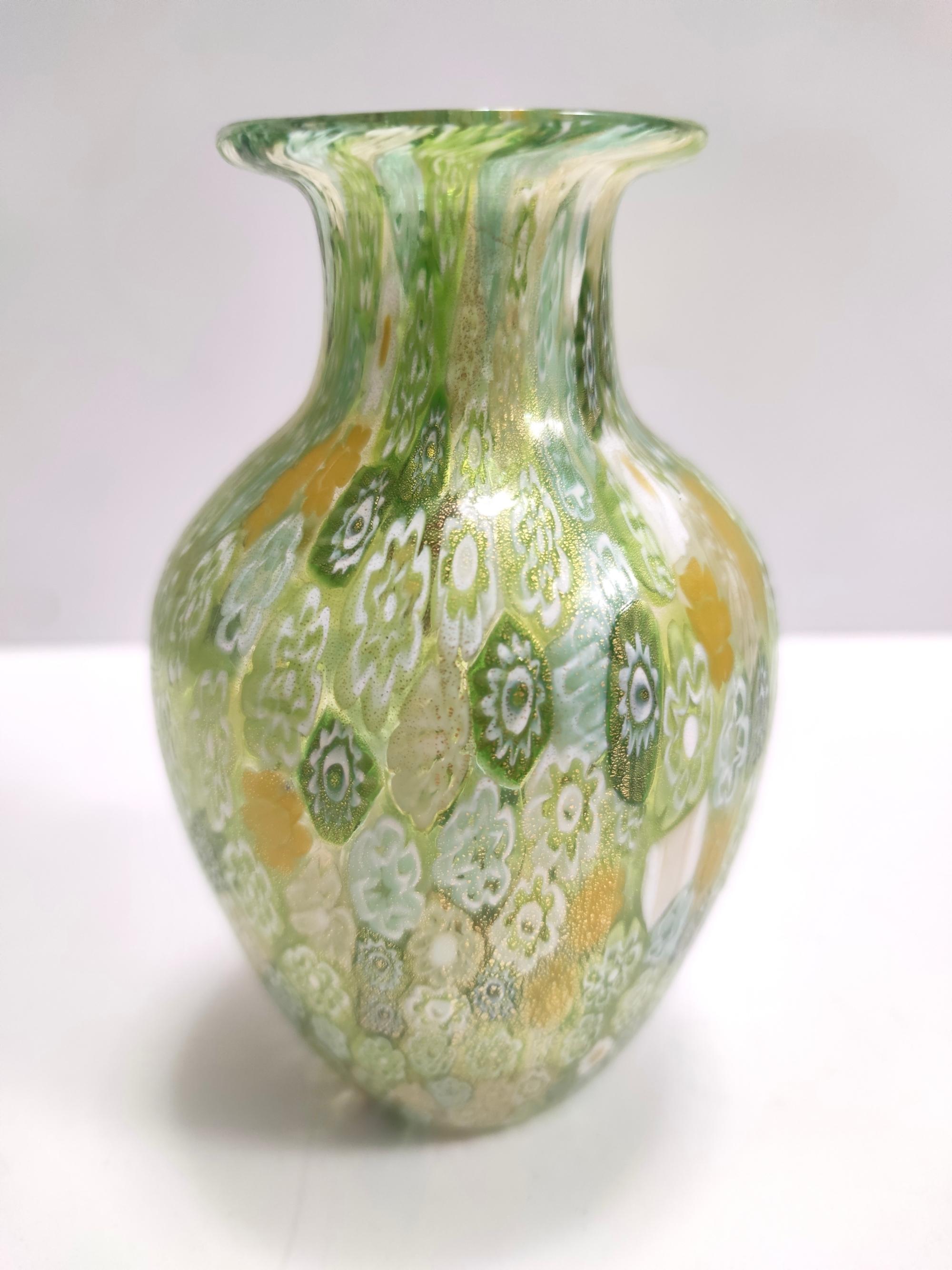 Late 20th Century Postmodern Millefiori Green Murano Glass Vase with Murrines and Gold Leaf, Italy For Sale