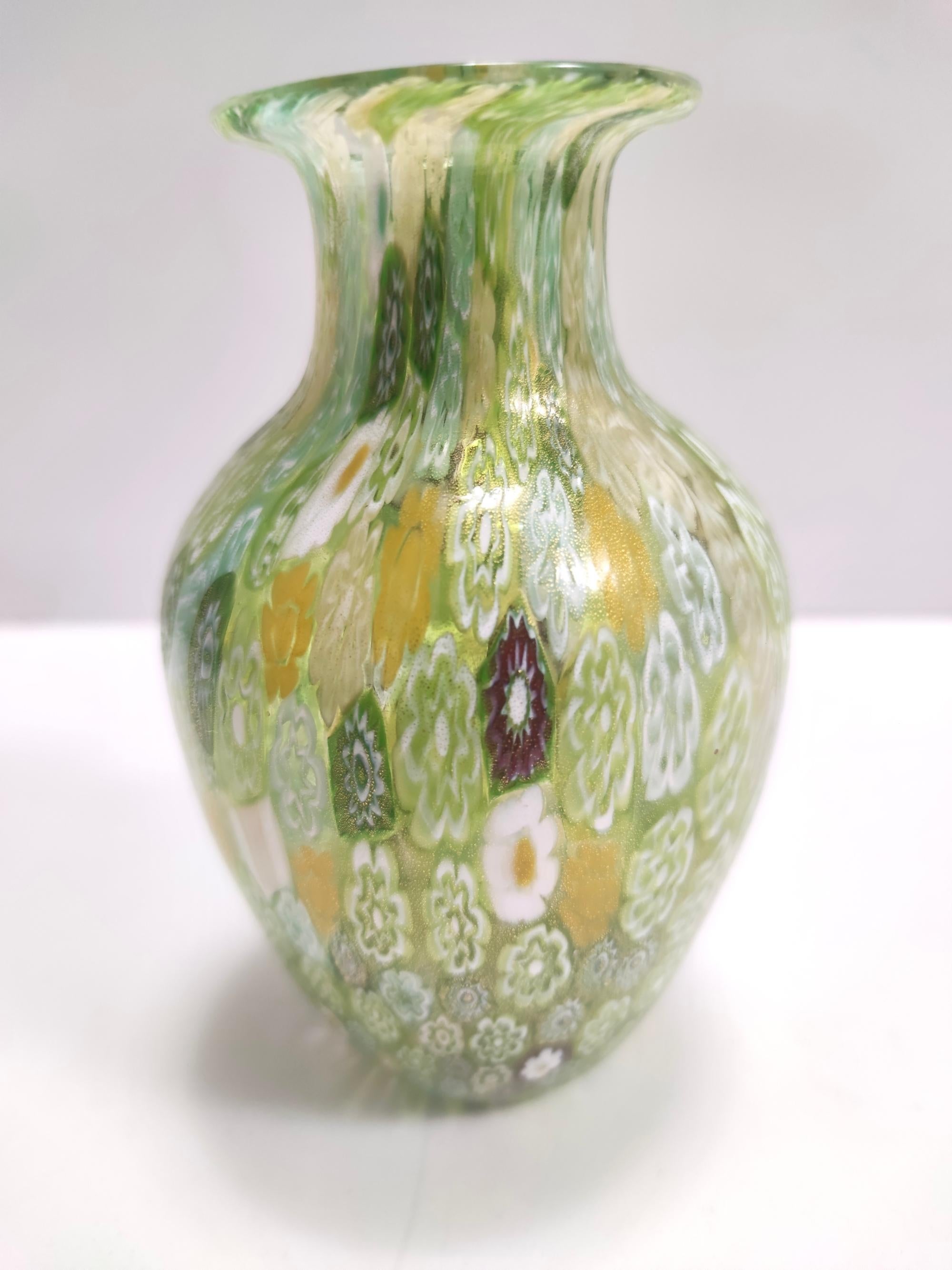 Postmodern Millefiori Green Murano Glass Vase with Murrines and Gold Leaf, Italy For Sale 1