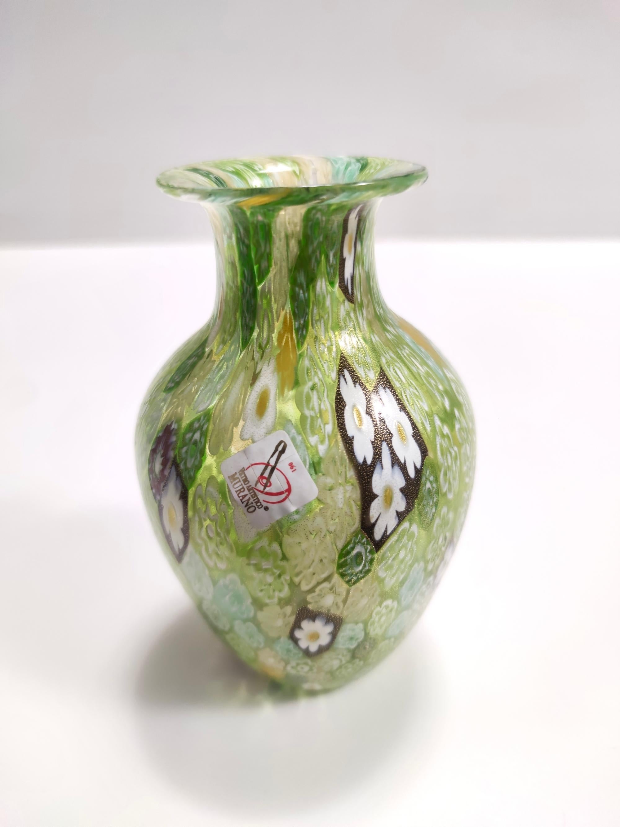 Postmodern Millefiori Green Murano Glass Vase with Murrines and Gold Leaf, Italy For Sale 2