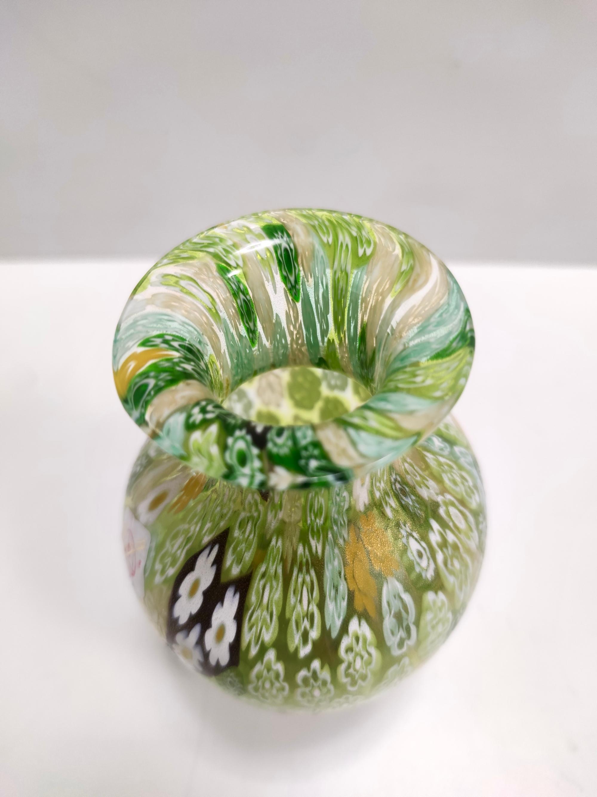 Postmodern Millefiori Green Murano Glass Vase with Murrines and Gold Leaf, Italy For Sale 3