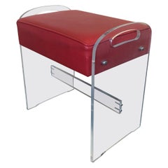 Postmodern Minimalist Lucite and Red Naugahyde Vanity Stool with Side Handles