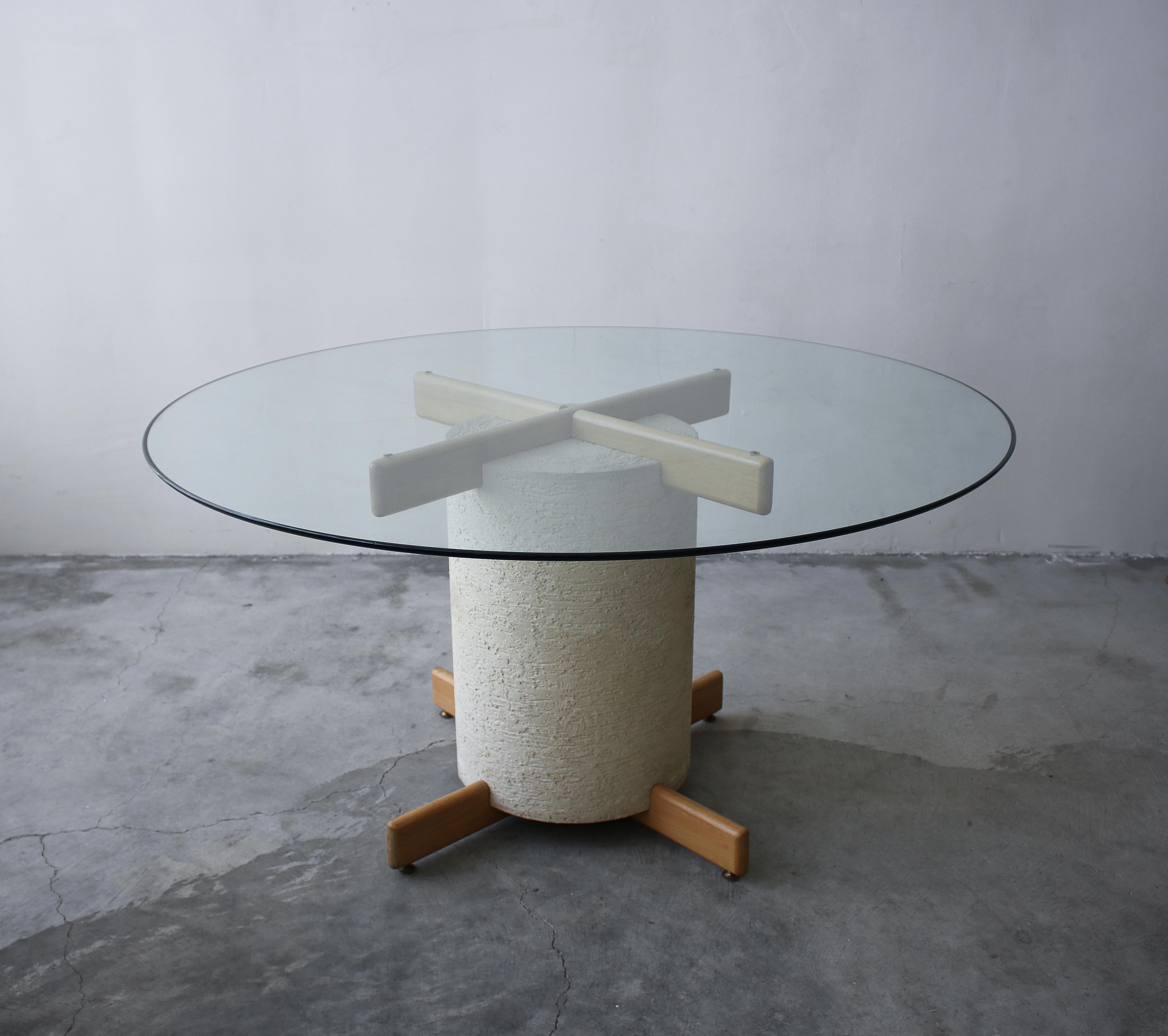 Great Postmodern dining table base constructed of oak and stucco. A great Minimalist design, perfect for a small dining space or nook. Would also make a great store fixture.

Table is in excellent condition. 

Shown with a 48