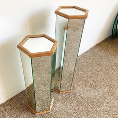 Postmodern Mirrored Hexagonal Wooden Framed Pedestal Side Tables - a Pair