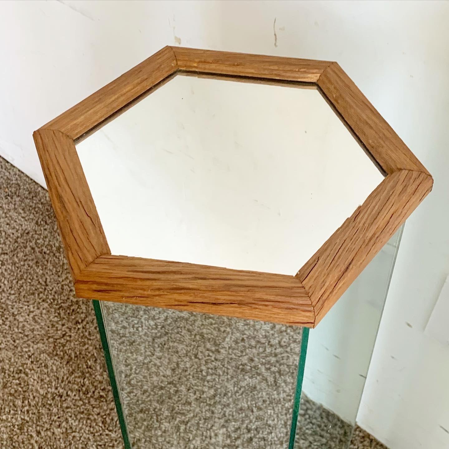 Post-Modern Postmodern Mirrored Hexagonal Wooden Framed Pedestal Side Tables - a Pair