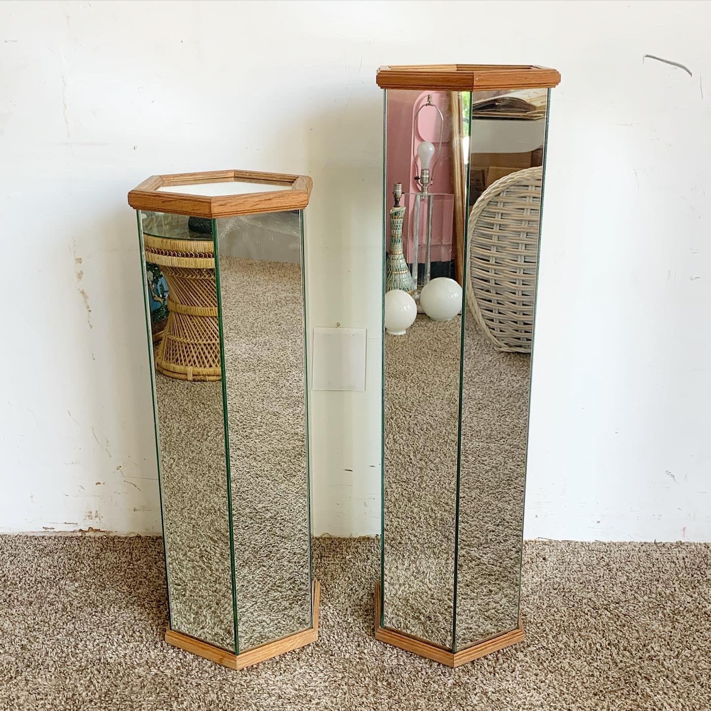 American Postmodern Mirrored Hexagonal Wooden Framed Pedestal Side Tables - a Pair For Sale