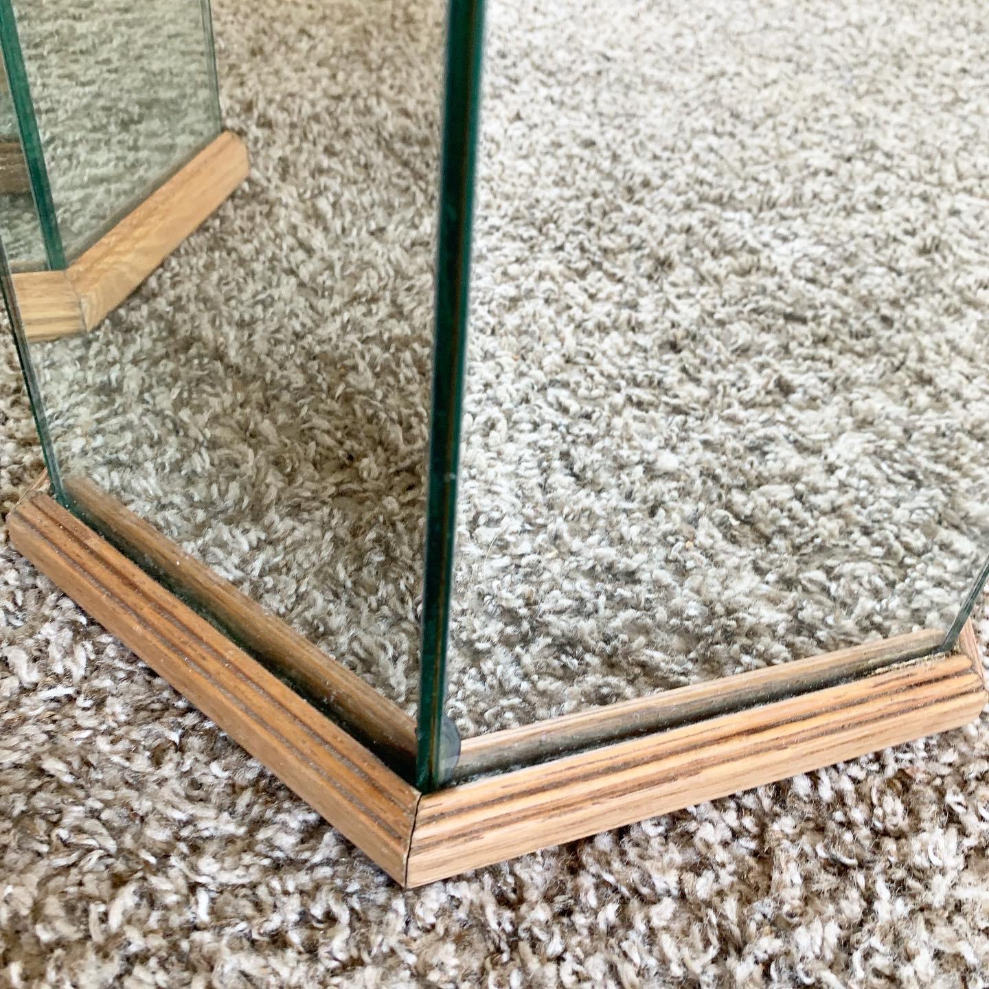 Postmodern Mirrored Hexagonal Wooden Framed Pedestal Side Tables - a Pair In Good Condition For Sale In Delray Beach, FL