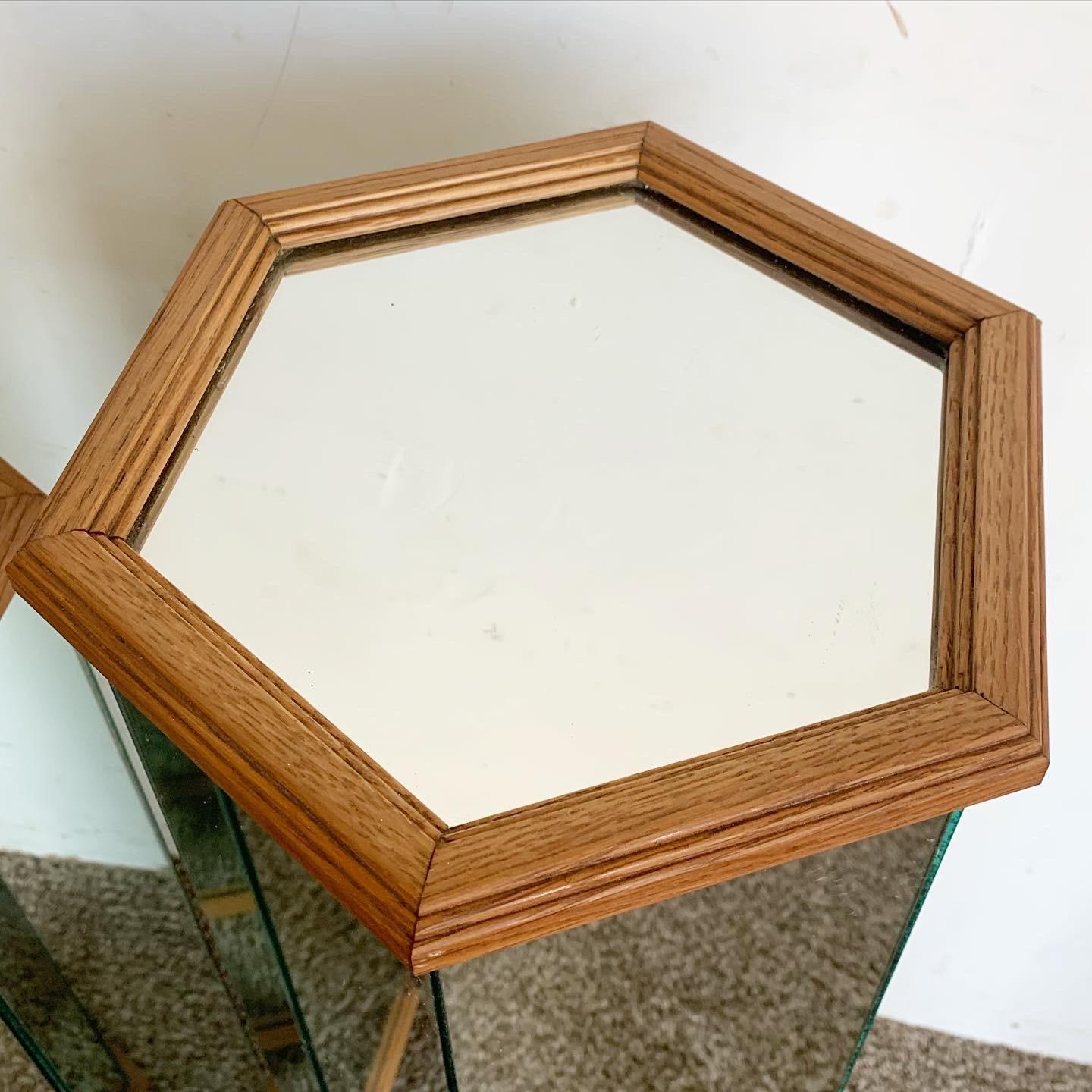 Late 20th Century Postmodern Mirrored Hexagonal Wooden Framed Pedestal Side Tables - a Pair For Sale
