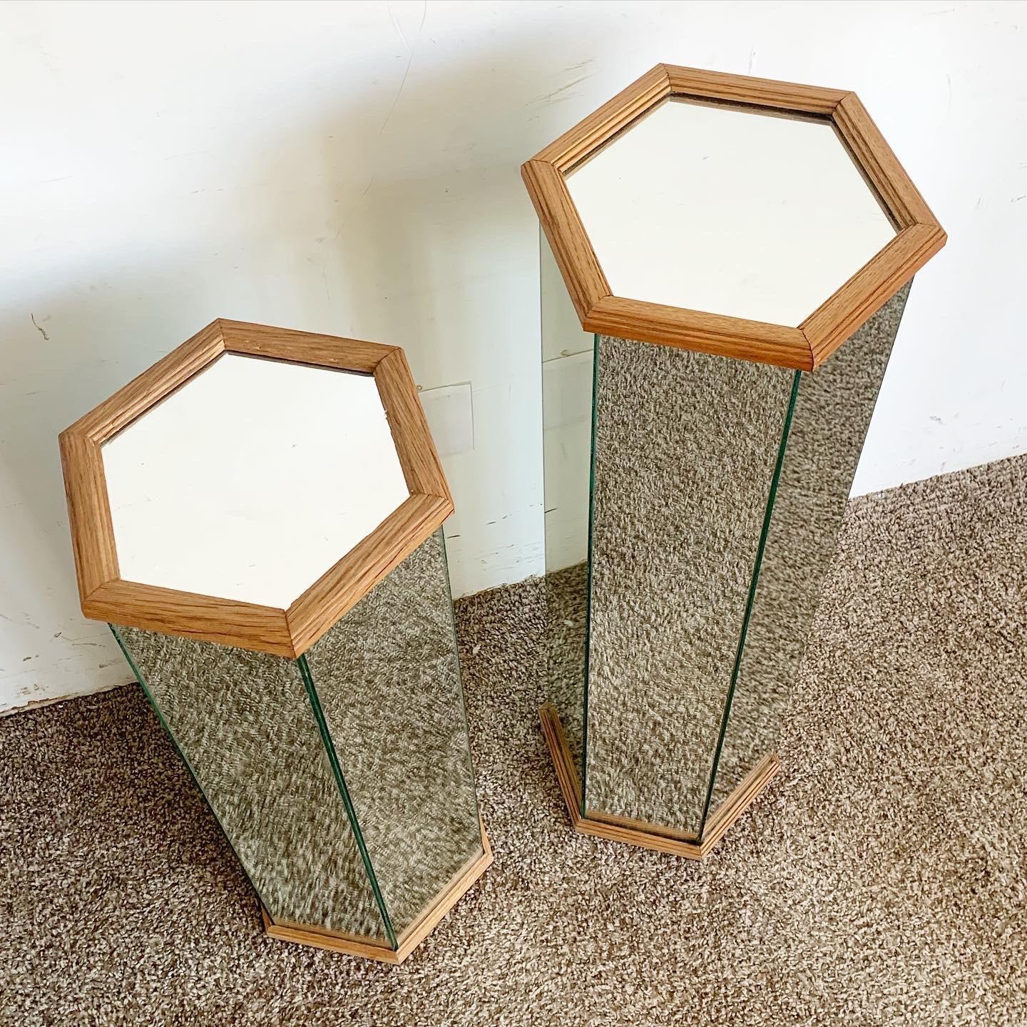 Postmodern Mirrored Hexagonal Wooden Framed Pedestal Side Tables - a Pair For Sale 1