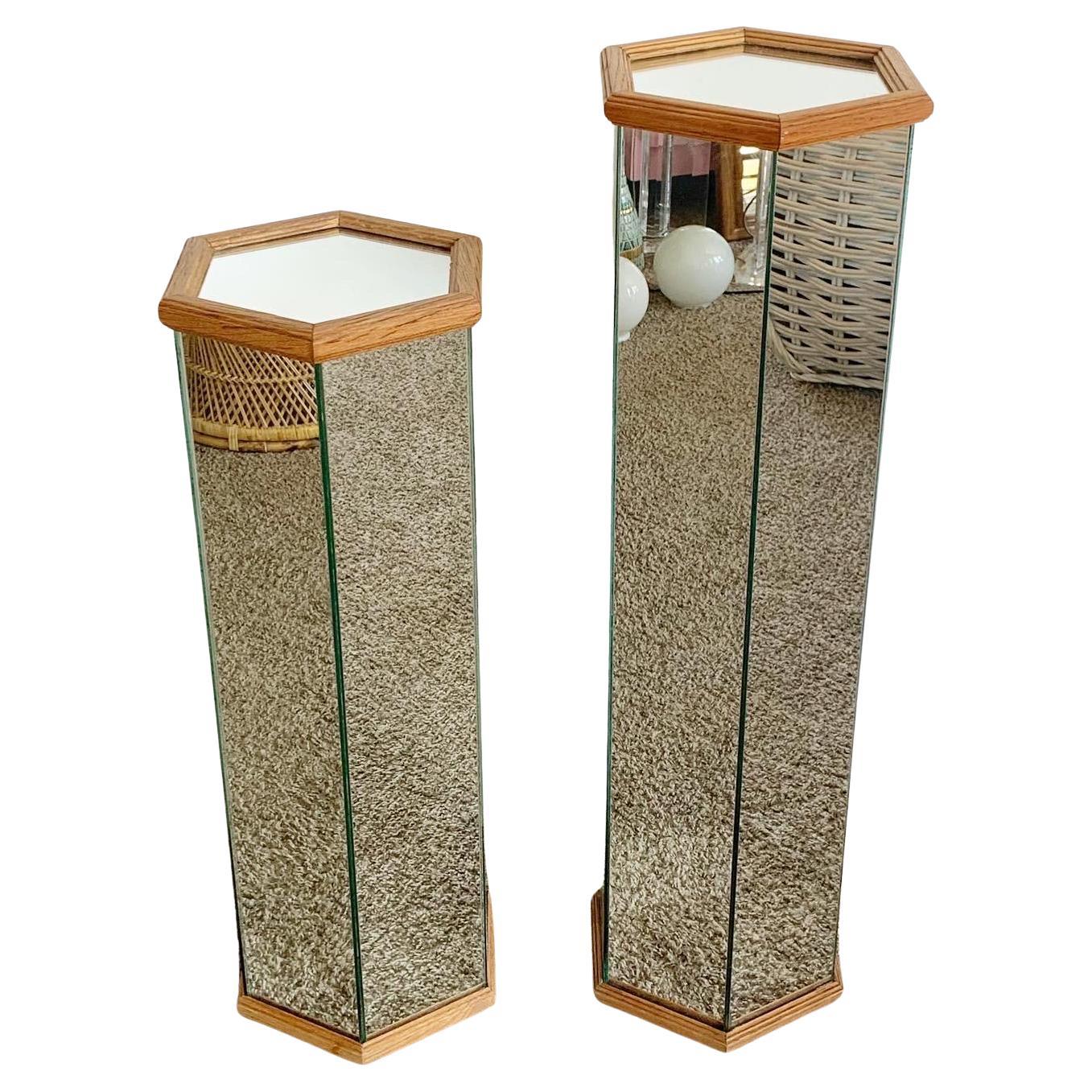 Postmodern Mirrored Hexagonal Wooden Framed Pedestal Side Tables - a Pair For Sale