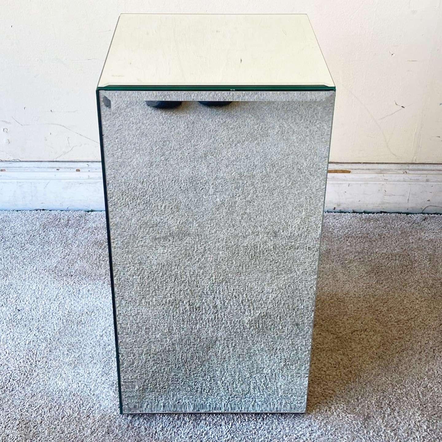 American Postmodern Mirrored Pedestal Side Table For Sale