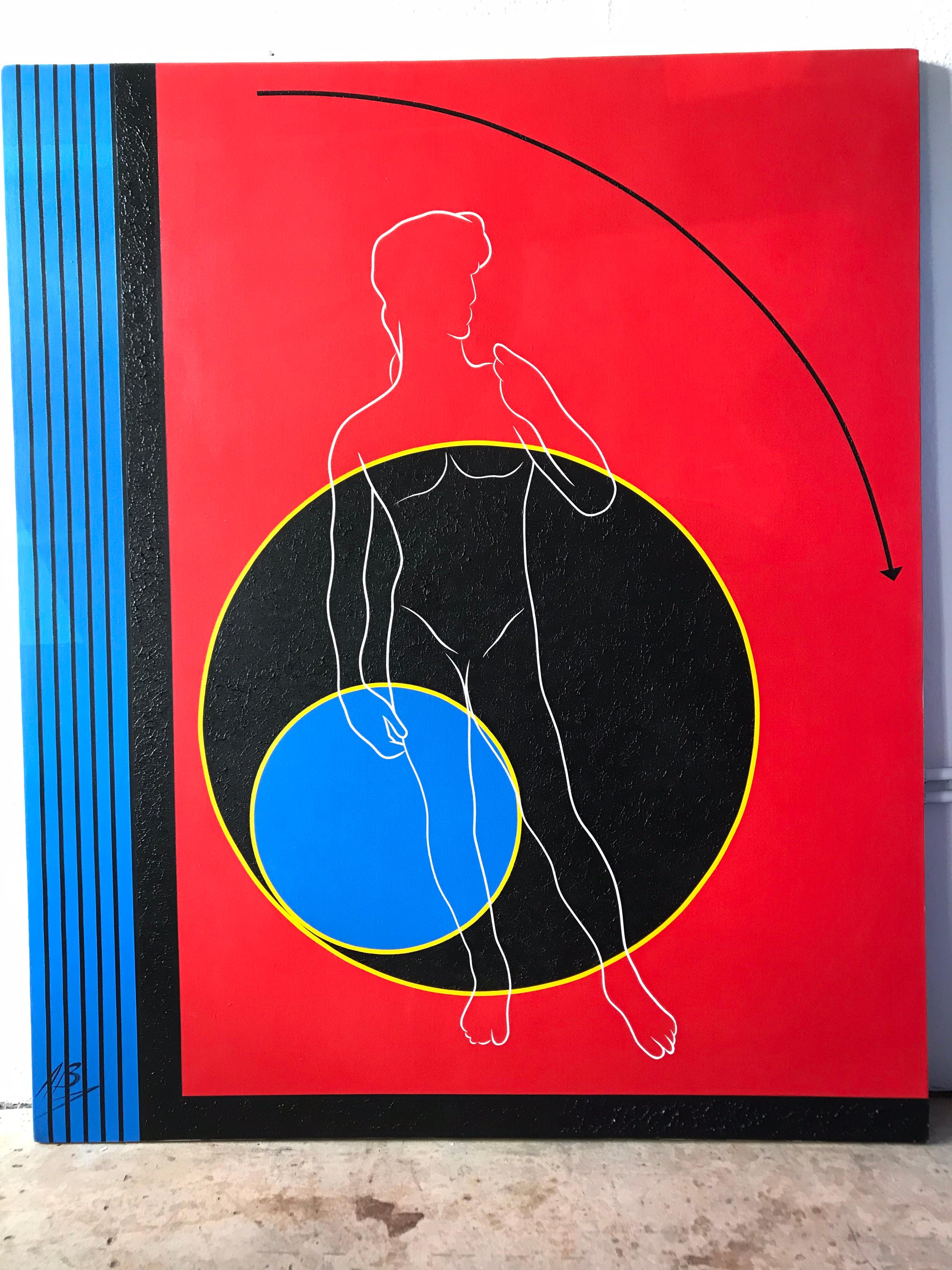 Bright and graphic original post modern mod painting, geometric field in blue, yellow, red, black and white, with a figural line drawing of a man with facing. Great texture. Pairs perfectly with listing LU1105213098571.