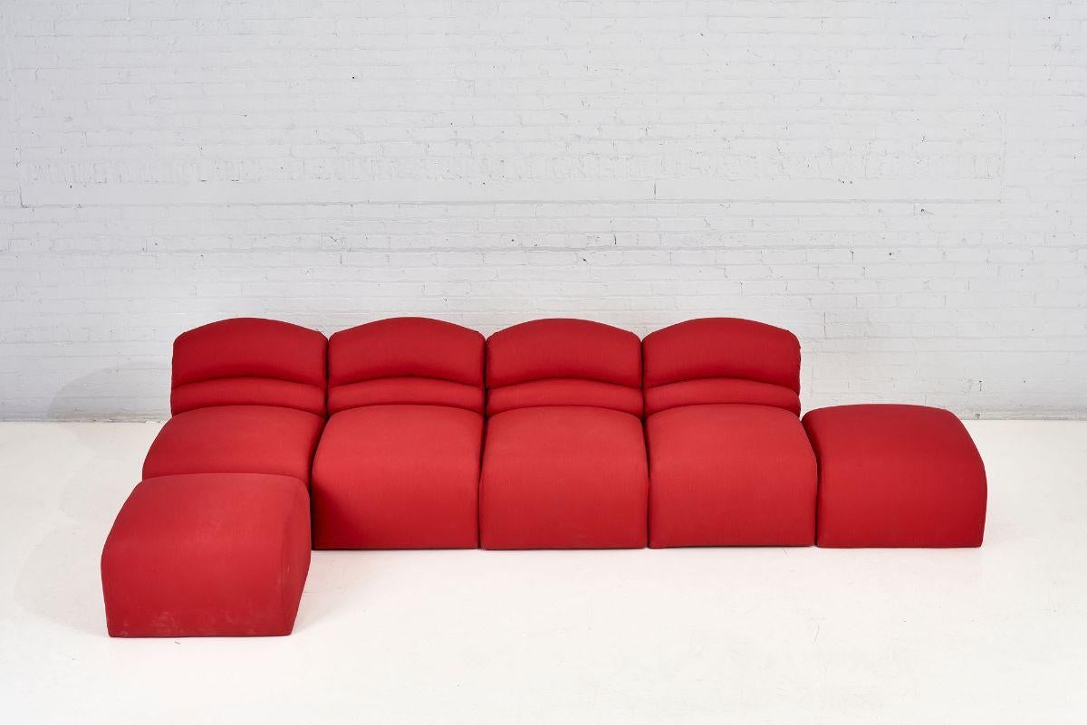 Post modern modular sectional sofa, 1980. Original fabric shows some wear and stains.
4 Chair sections each measure 26.5
