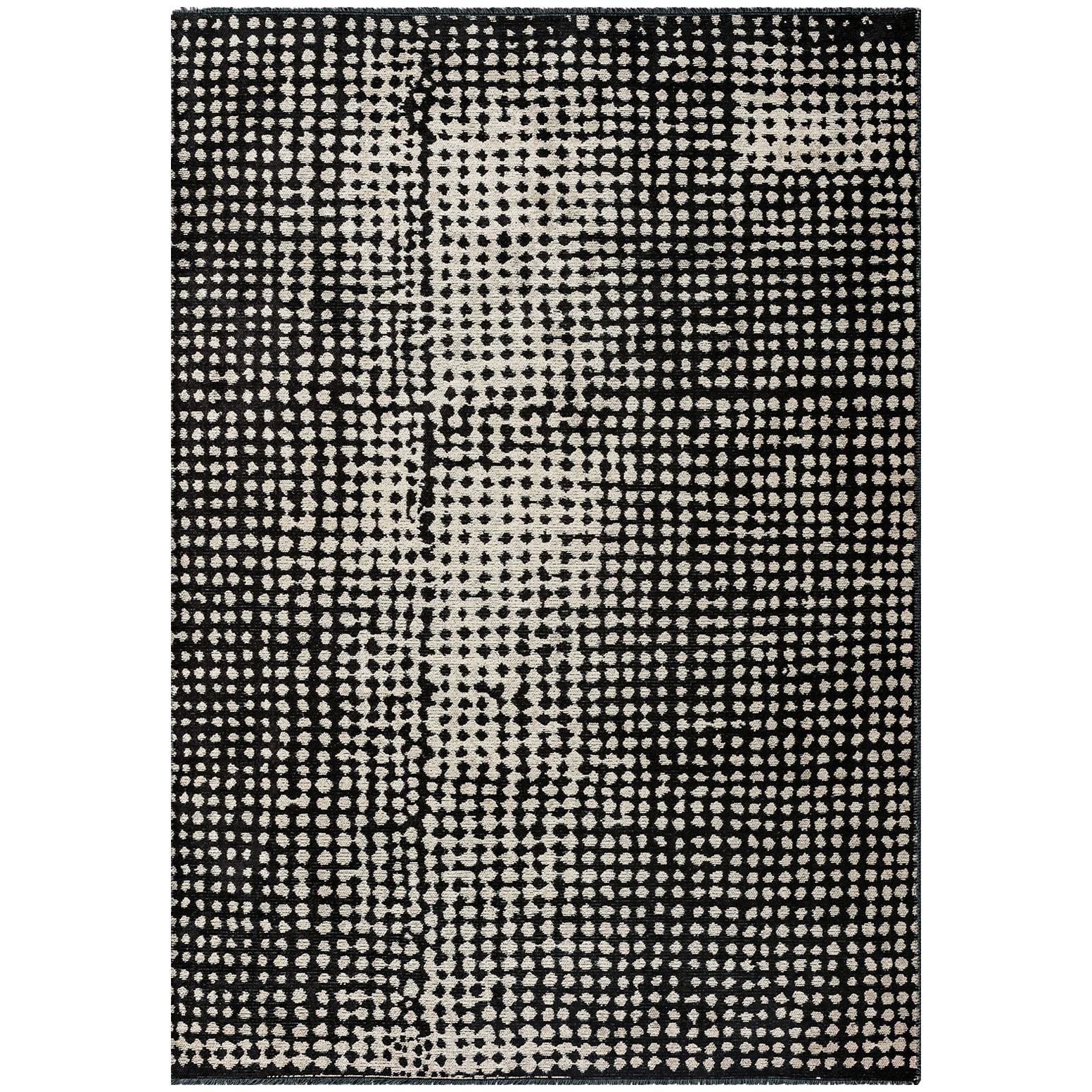 Postmodern Moroccan Berber Pattern Black and Silver Beige Abstract Rug No Fringe For Sale