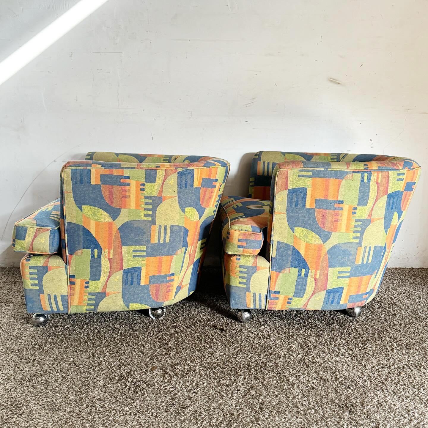 Post-Modern Postmodern Multi Color Barrel Chairs in Chrome Casters For Sale