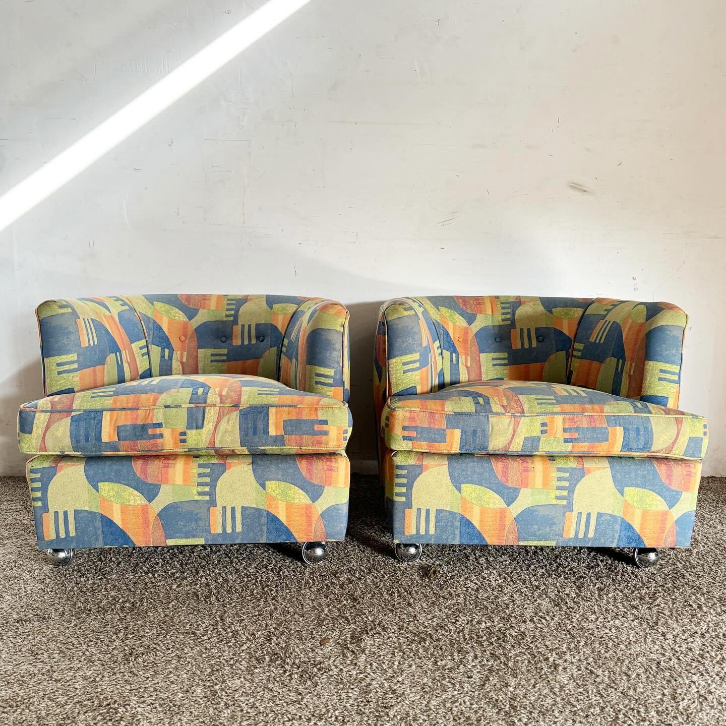 American Postmodern Multi Color Barrel Chairs in Chrome Casters For Sale