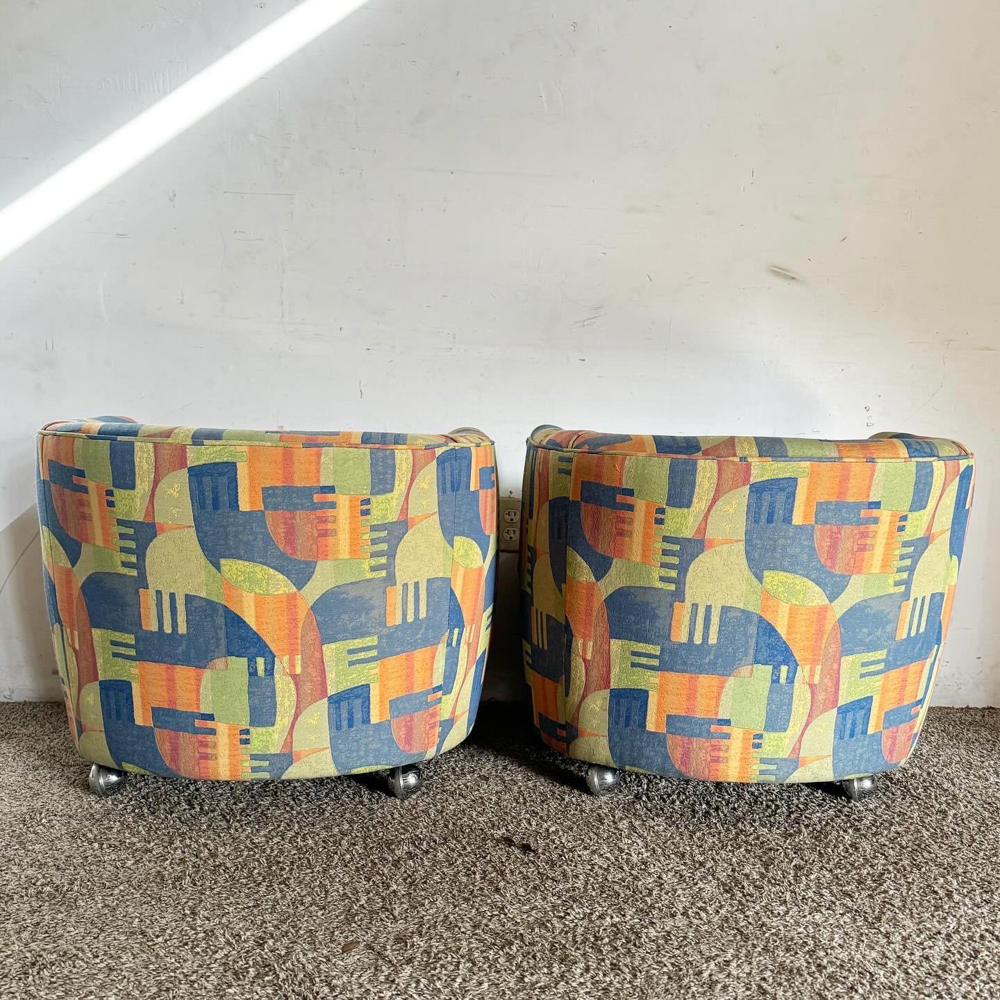 Postmodern Multi Color Barrel Chairs in Chrome Casters In Good Condition For Sale In Delray Beach, FL