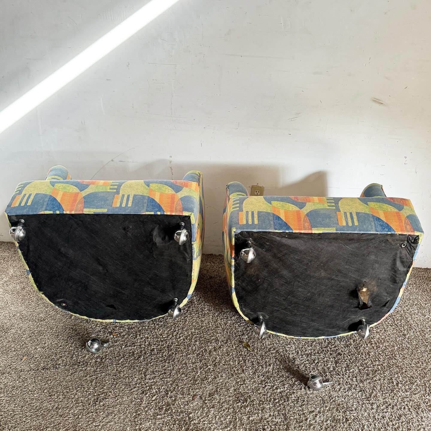 Postmodern Multi Color Barrel Chairs in Chrome Casters For Sale 1