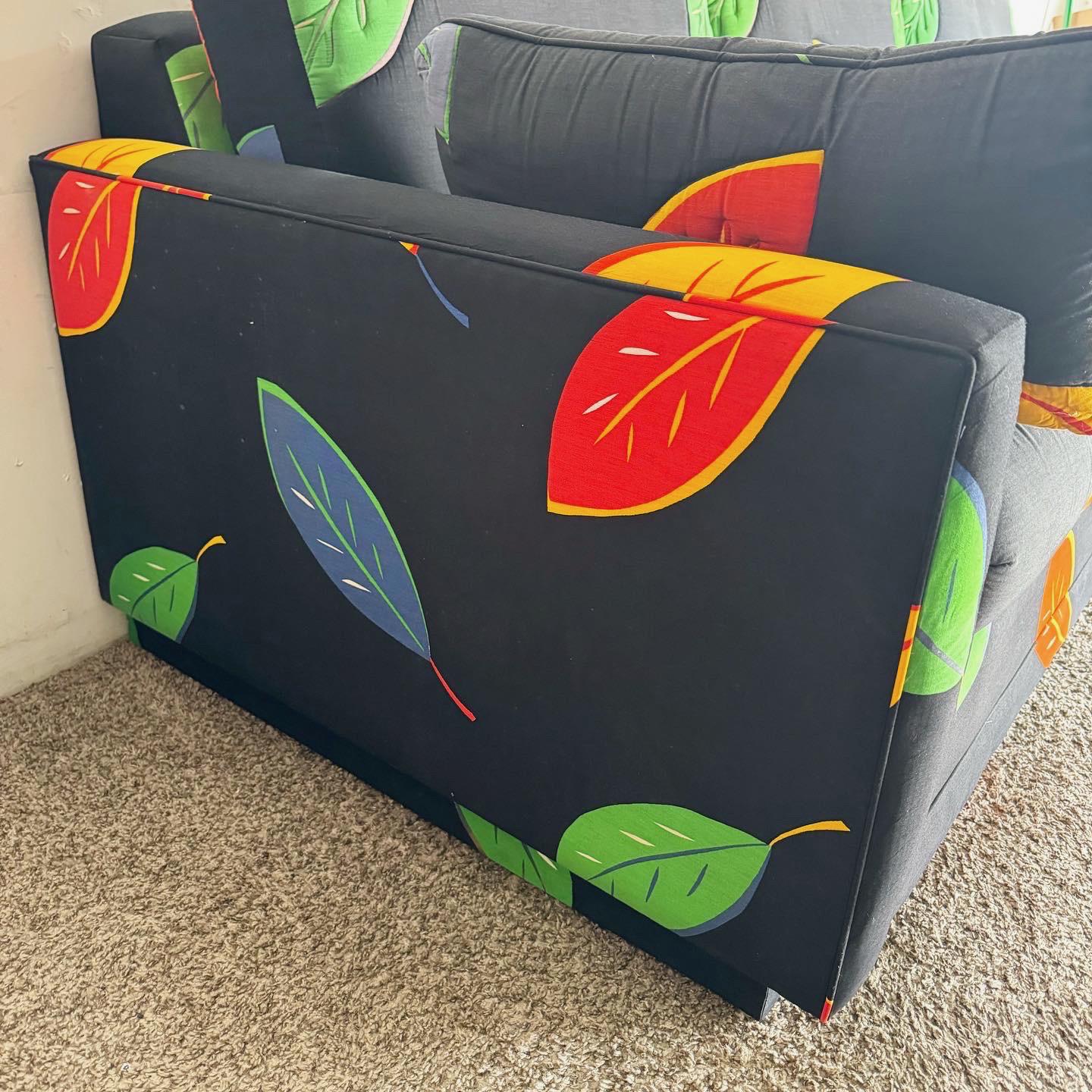 American Postmodern Multi Color Leaf/Black Fabric Sofa For Sale